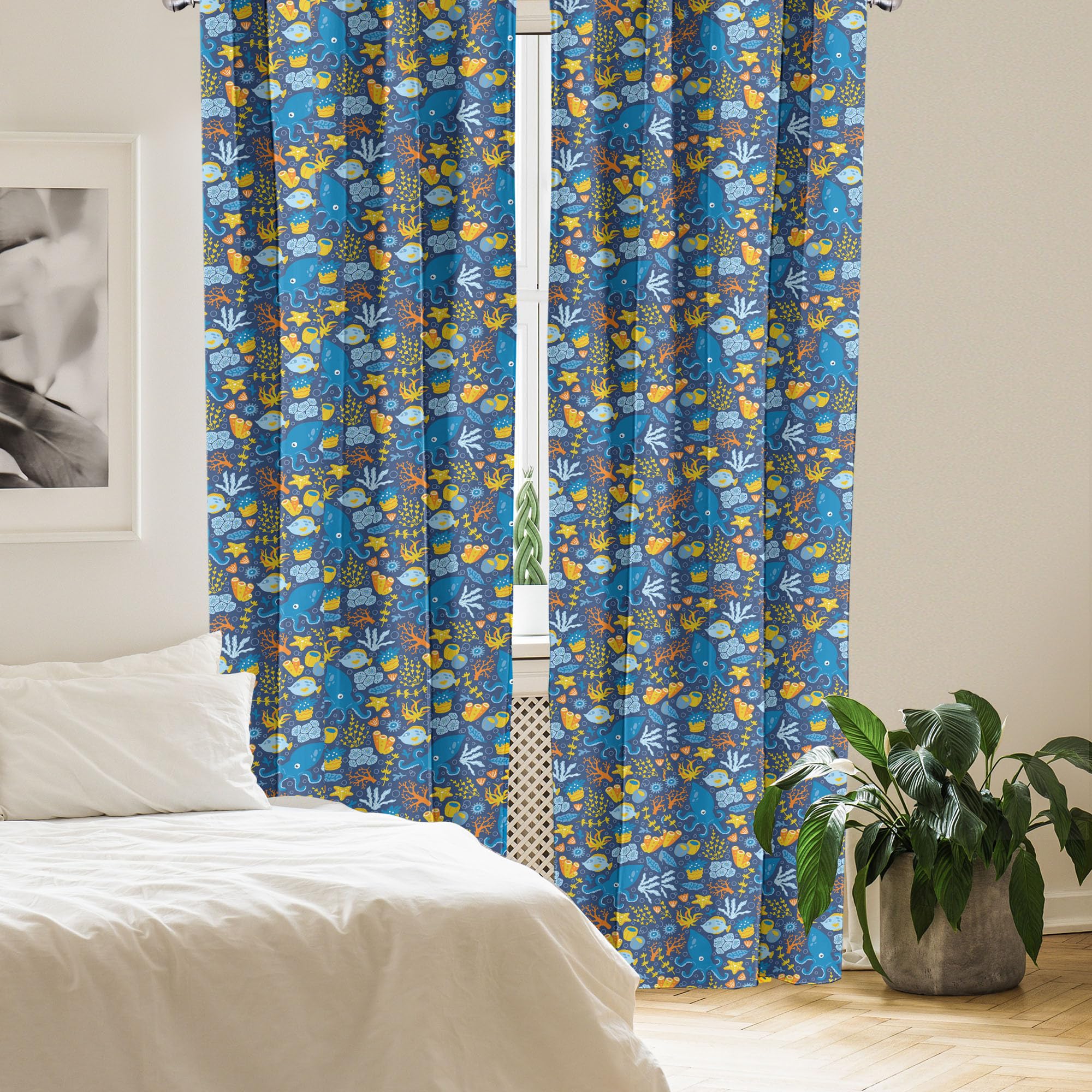Ambesonne Nautical Curtains - Blue Octopus Fish Coral Marine Wildlife Print Window Panels (28