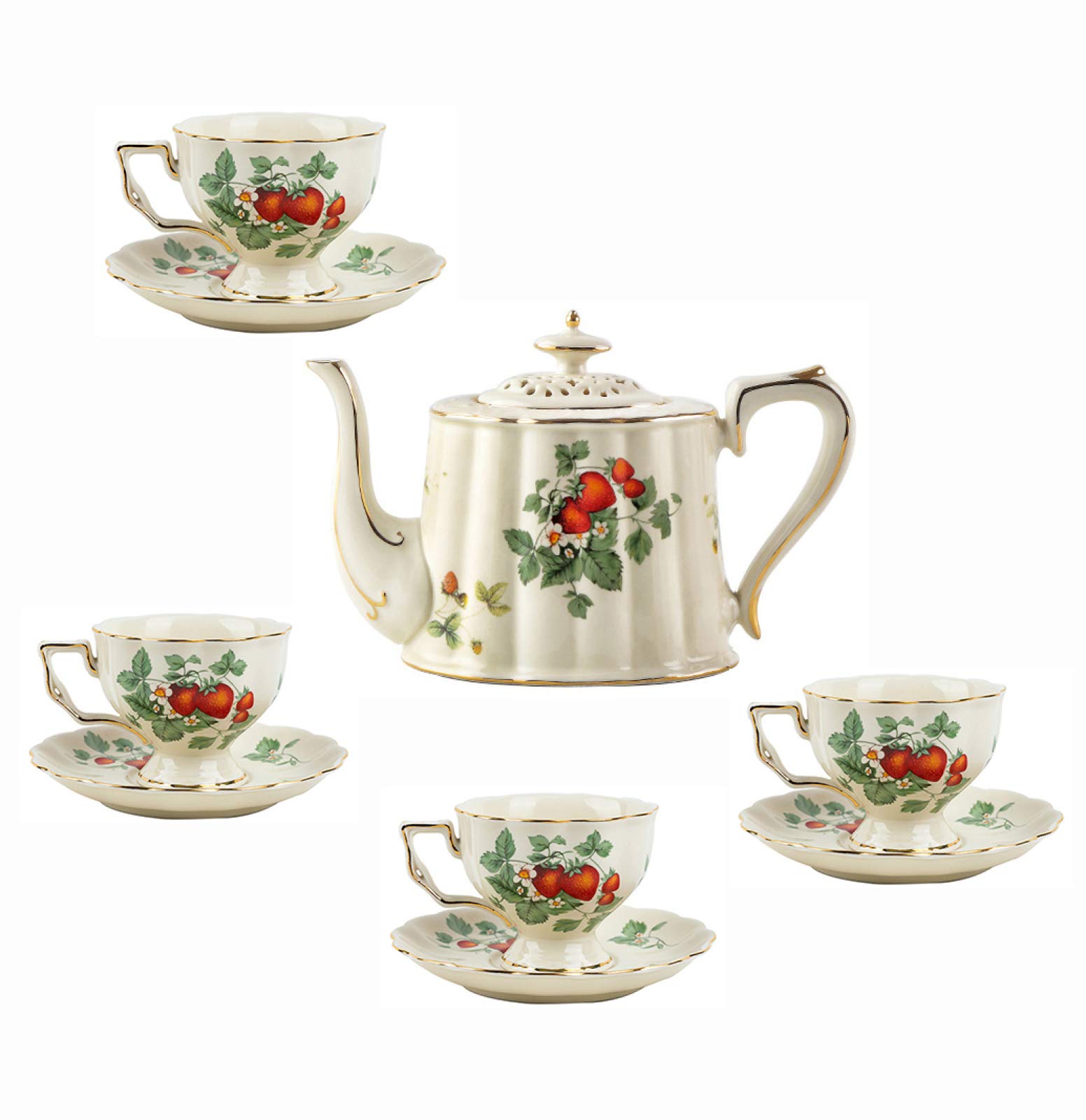 Vintage British Porcelain Tea Set with Strawberry Design - Elegant Ceramic Coffee Cup and Saucer Gift Set for Adults, Perfect for Wedding, Birthday, Afternoon Tea Party and Home Decor