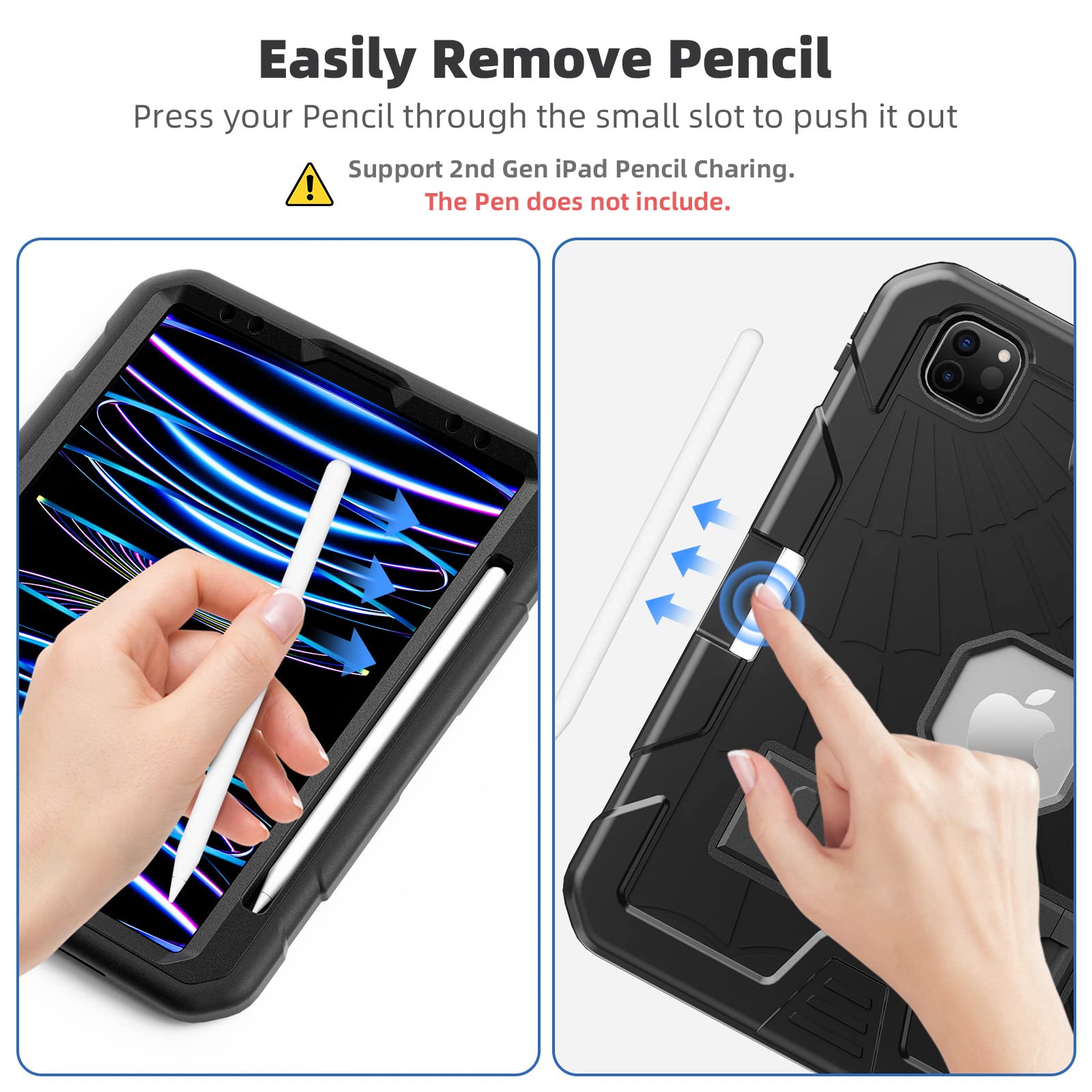 TSQQST iPad Pro 11 Inch Case (4th/3rd/2nd/1st Gen 2018-2022) with Screen Protector & Pencil Holder - Shockproof Full Body Protective Stand Cover for Kids | Perfect for School, Travel & Home Use | Black