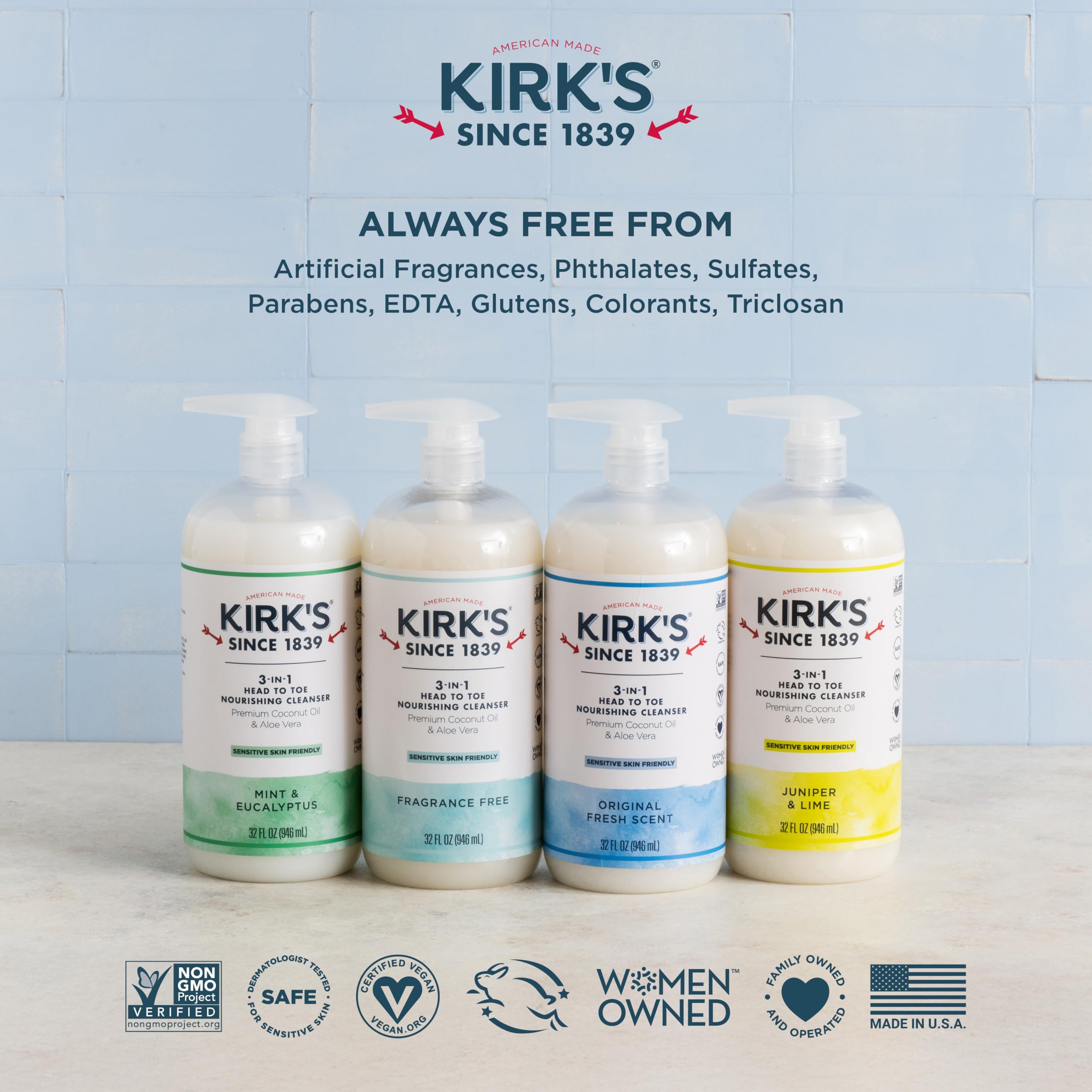 Kirk's 3-in-1 Castile Liquid Soap Travel Size (1.13 oz) - Natural Head-to-Toe Cleanser for Men, Women & Kids | Shampoo, Face Wash & Body Soap | Refreshing Juniper & Lime Scent | Perfect for Travel, Camping & Gym Bags | 32 Fl Oz Bottle