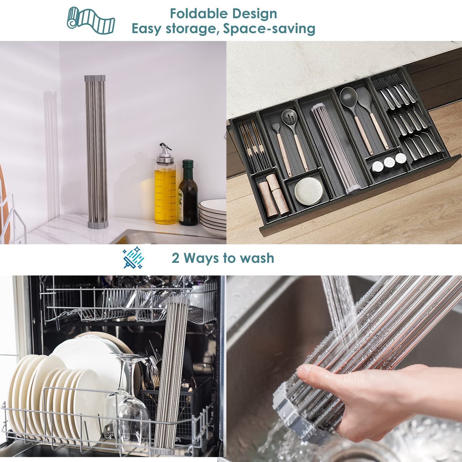 Tomorotec Stainless Steel Roll Up Dish Drying Rack - Over The Sink Portable Kitchen Organizer with Drainer, Storage Shelf & Caddy - Space Saving Gray Dish Rack for Small Kitchens, Apartments & RVs
