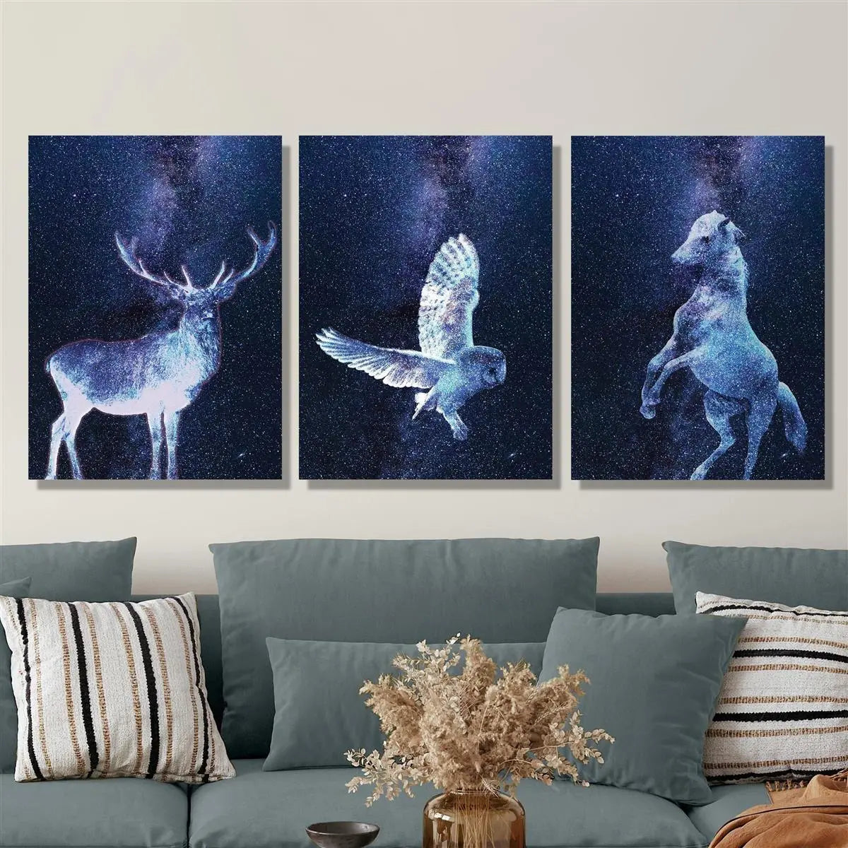 3-Piece Abstract Cosmic, Deer, Owl & Horse in Space Stars Metal Wall Art - Ready to Hang Home Decor for Living Room, Bedroom & Office