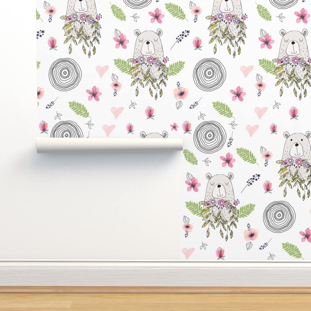 Peel & Stick Removable Wallpaper 12ft x 2ft - Floral Woodland Bear Watercolor Design for Nursery, Baby Girl Room & Wedding Decor | Easy DIY Home Decoration