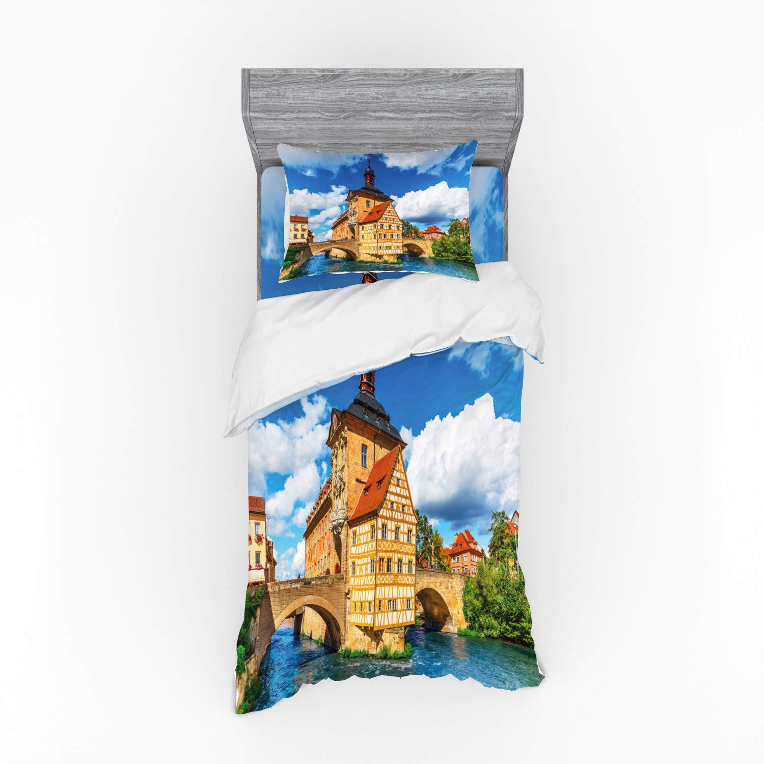 Ambesonne 3-Piece Travel Bedding Set - Twin Size Duvet Cover with Sham & Fitted Sheet, Bamberg Germany City Hall European Townscape Design, Multicolor Sunny Day Pattern - Perfect for Dorms, Guest Rooms & Vacation Homes