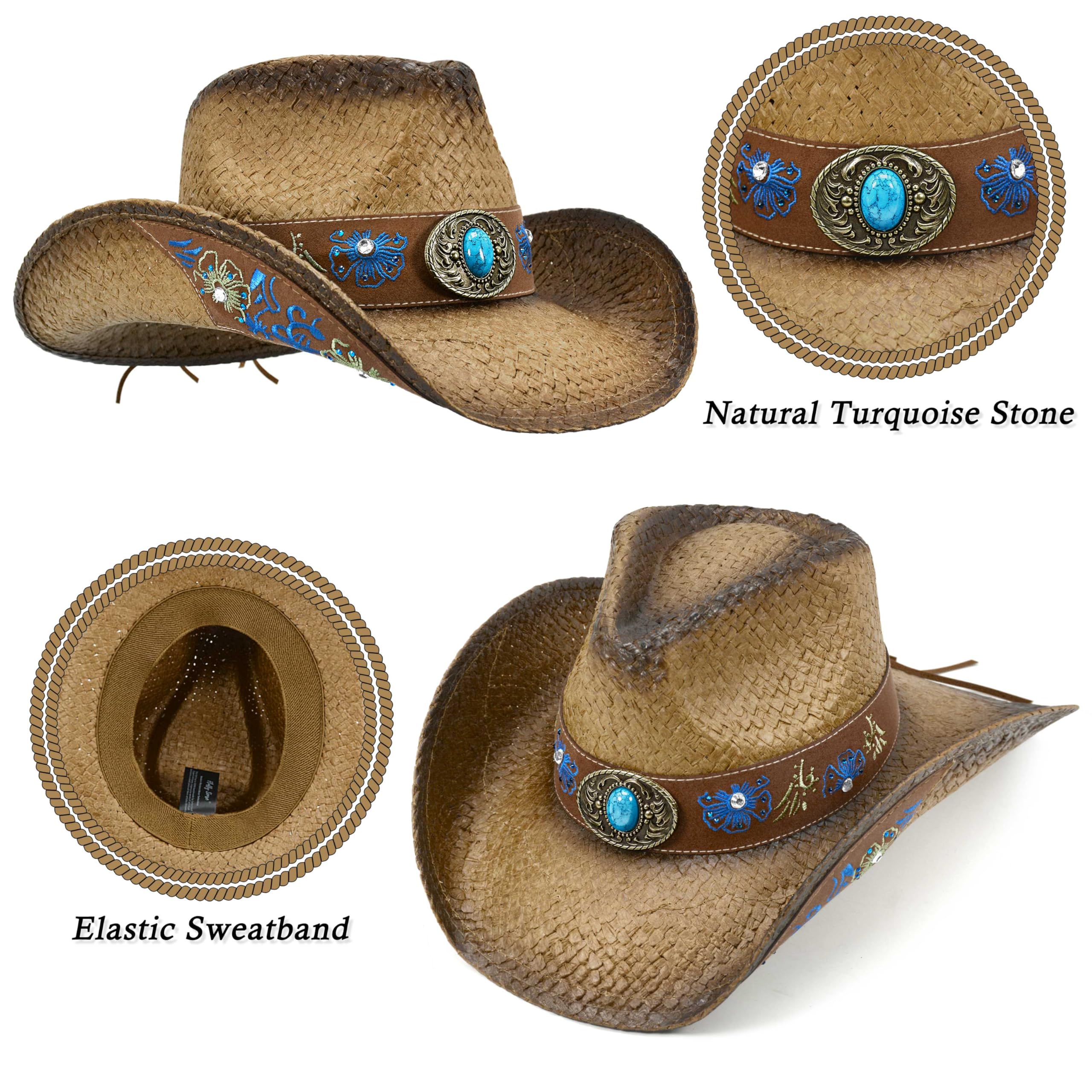 Stylish Straw Cowboy Hats for Women & Men - Western Embroidered Cowboy Hat for Cowboys & Cowgirls - Perfect for Rodeos, Country Music Festivals & Outdoor Adventures