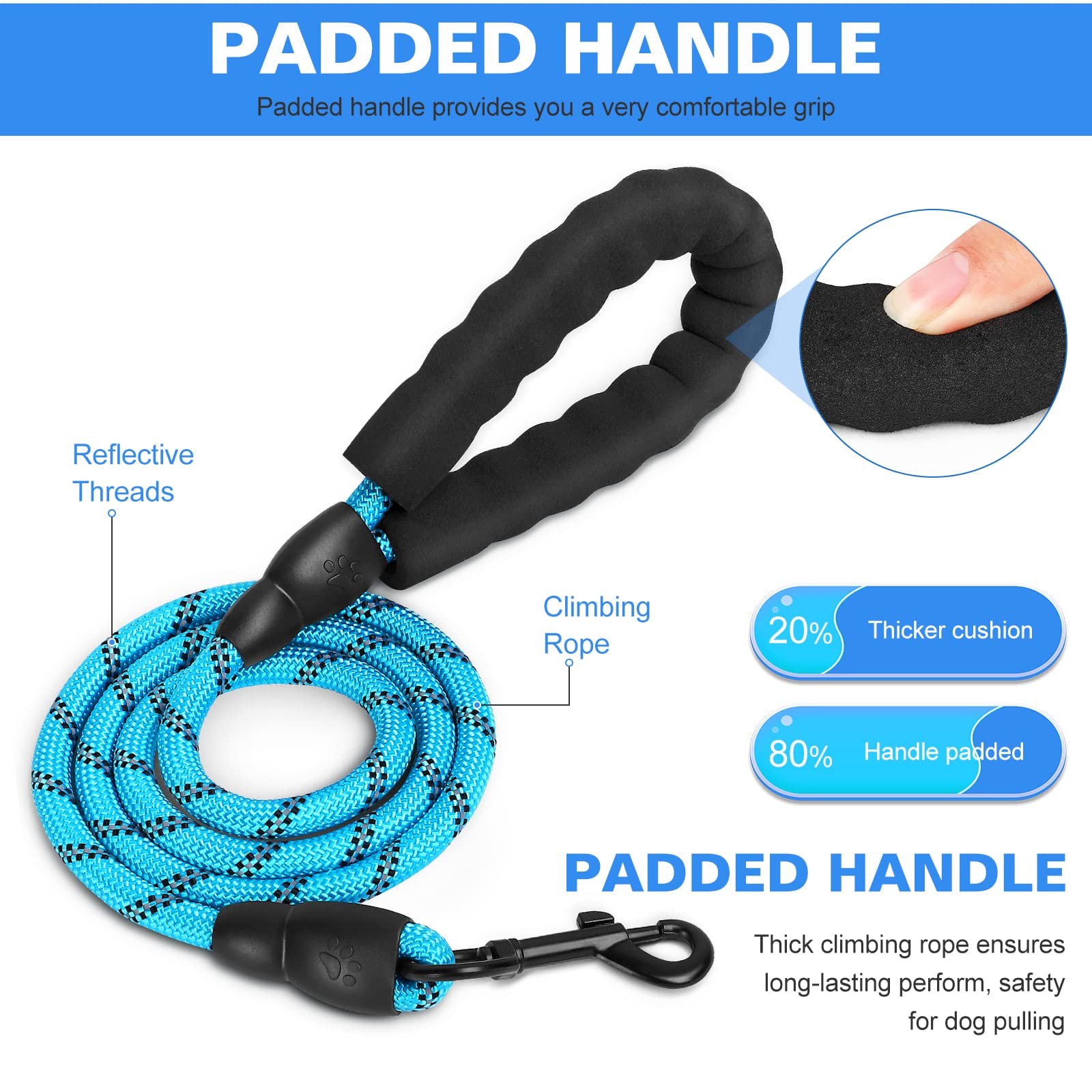 Heavy Duty Dog Leash with Comfortable Padded Handle - 4FT Reflective Dog Lead for Large Breeds Like English Foxhound (Blue) - Perfect for Night Walks, Training & Outdoor Adventures