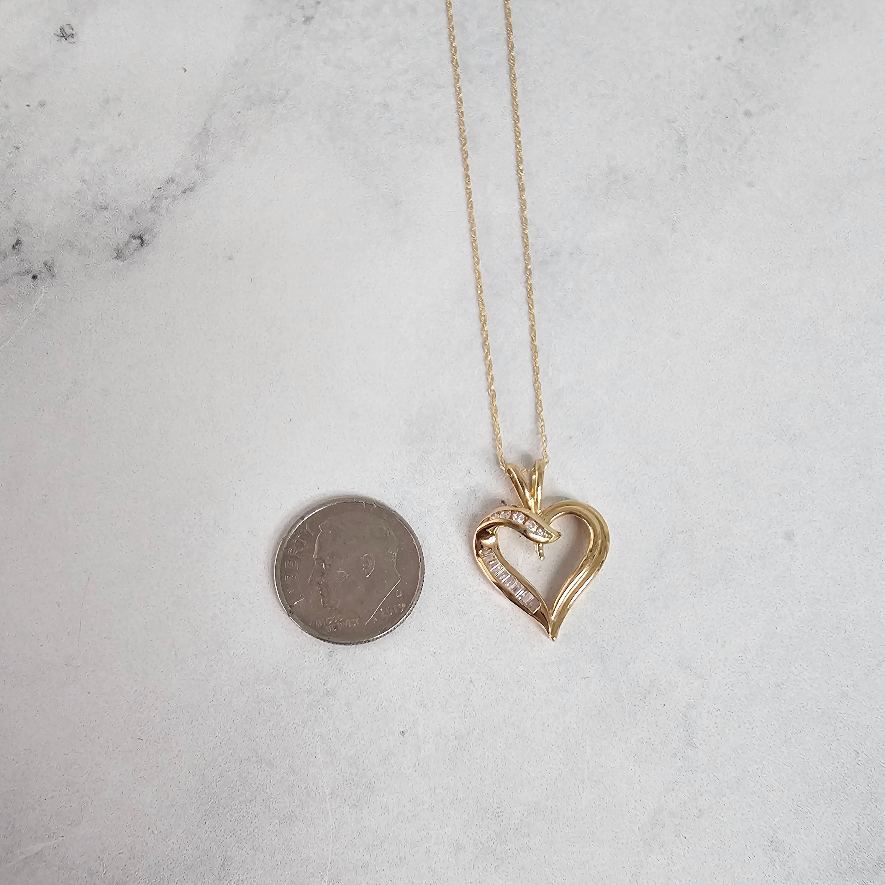 14K Yellow Gold Baguette & Round Heart Shaped Diamond Necklace - Elegant Valentine's Gift for Her, Anniversary Jewelry, Wedding Proposal Present