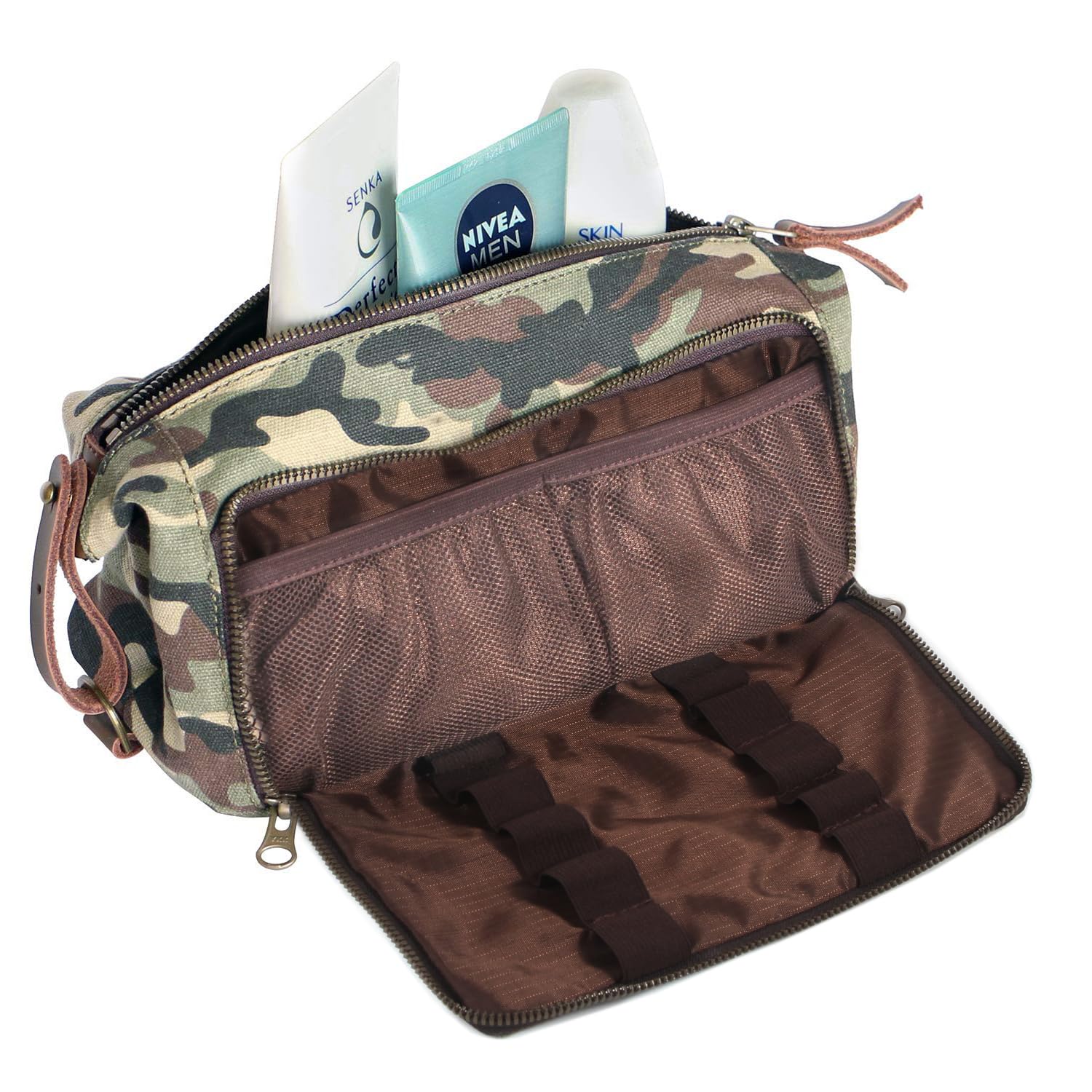 Men's & Women's Leather-Trim Canvas Toiletry Bag - Travel Dopp Kit with YKK Zipper for Gym & Vacation