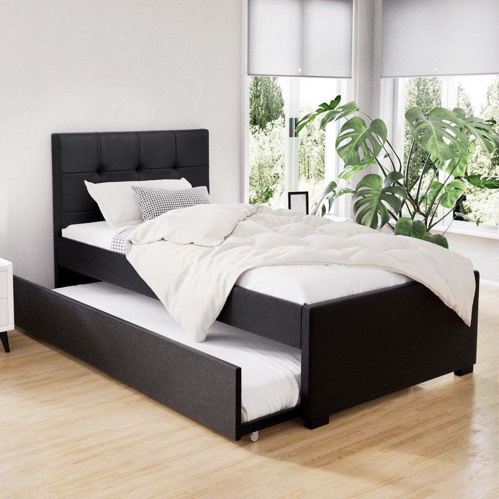 Eden King Single Trundle Bed in Black - Space-Saving Twin Bed with Pull-Out Trundle for Kids, Teens & Guest Rooms