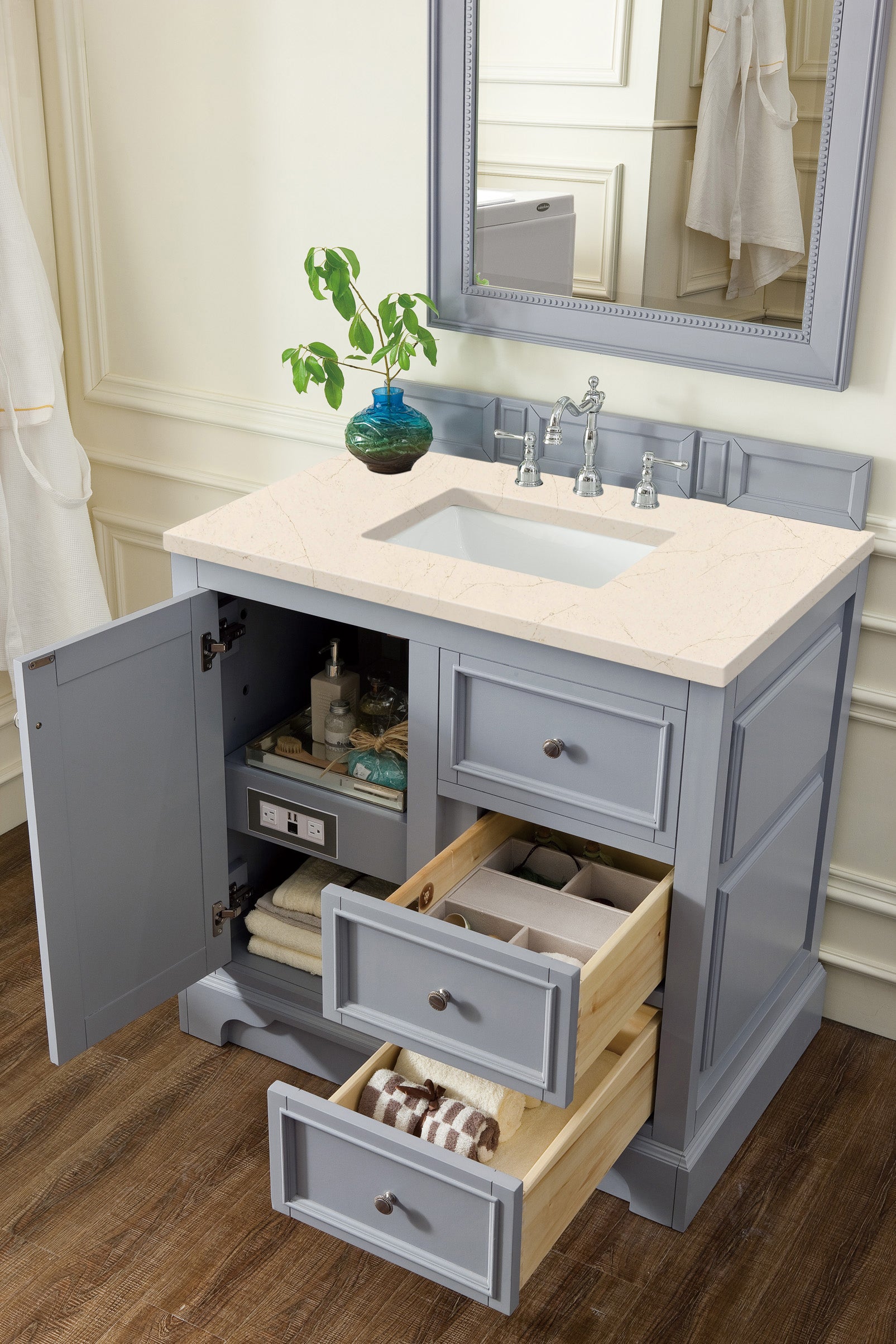 De Soto 36 Inch Single Bathroom Vanity with 3CM Eternal Marfil Quartz Top in Silver Gray - Perfect for Modern Bathrooms & Powder Rooms