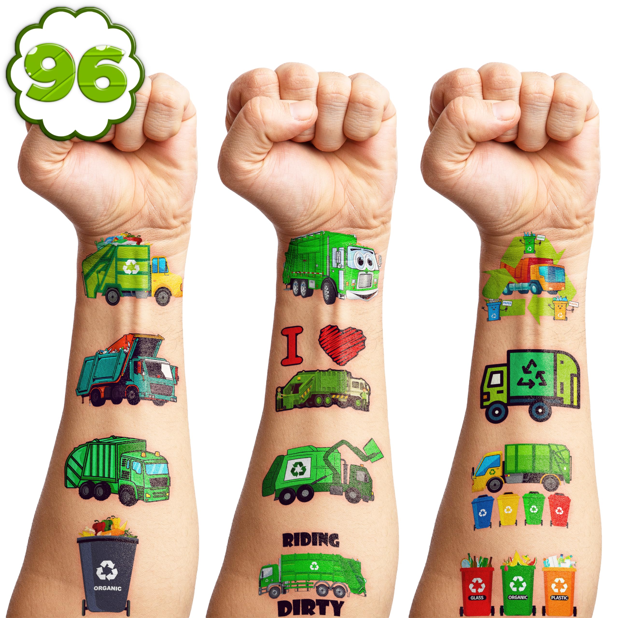 111 PCS Garbage Truck Temporary Tattoos - Fun Trash & Recycling Themed Party Supplies for Kids Birthday, Classroom Prizes & Carnival Favors - Cute Waste Management Stickers for Boys & Girls - Perfect for Birthday Decorations, School Events & Party Games