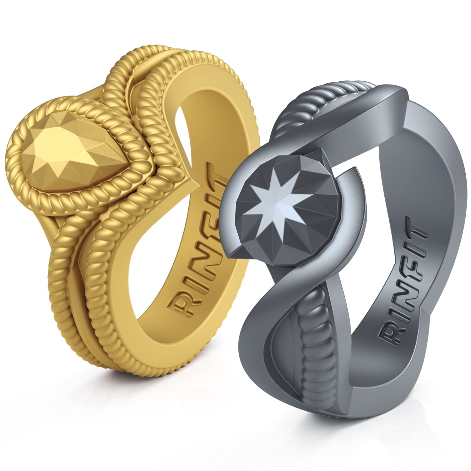 Rinfit Silicone Wedding Bands for Women - Elegant Bridal & Promise Rings - Comfortable Rubber Rings for Sports, Yoga & Gym - Round & Pear Diamond Design Collections - Perfect for Active Lifestyles, Outdoor Adventures & Daily Wear