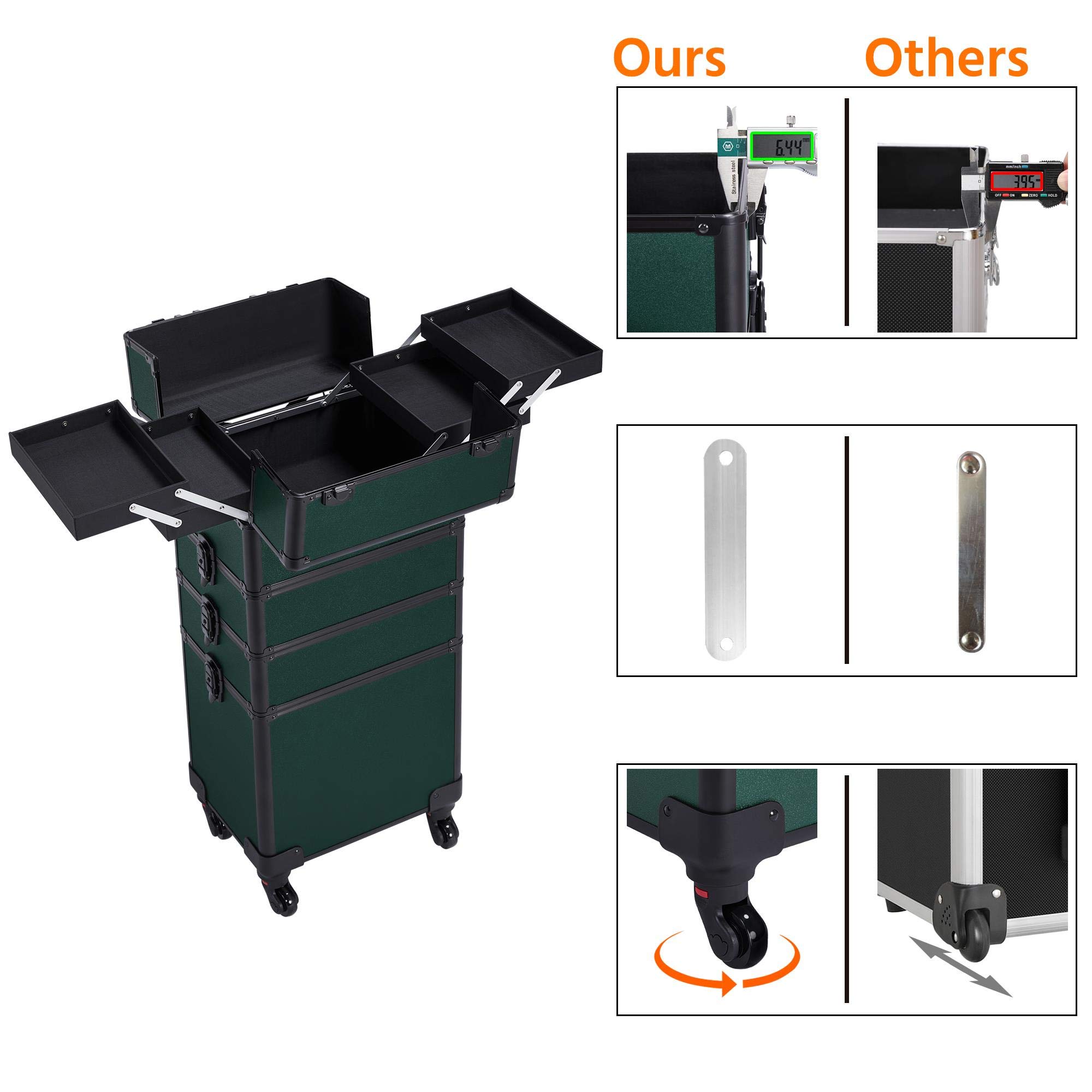 Topeakmart Large 4-in-1 Professional Rolling Makeup Train Case - Cosmetic Storage Organizer with Folding Trays, Wheels & Aluminum Frame (Dark Green) | Perfect for Travel, Salon Professionals & Makeup Artists