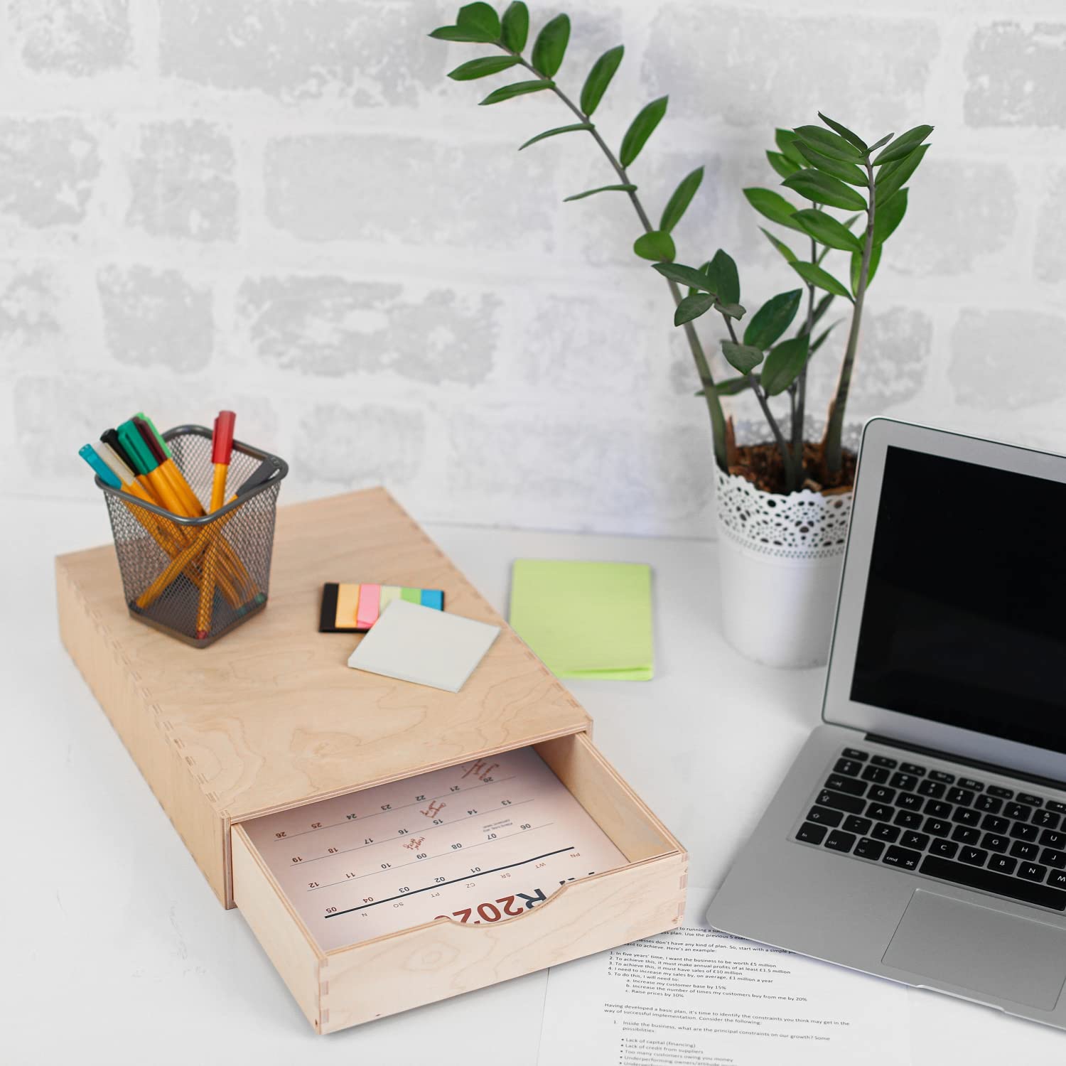 Large Wooden Chest of Drawers - 12.99 x 9.84 x 2.75 Inches - 1 Compartment Desk Organizer for Paperwork, Files & Folders - Plain Stationery Tray for Office Accessories Storage - Perfect for Home Office, Study Desk & Workspace Organization