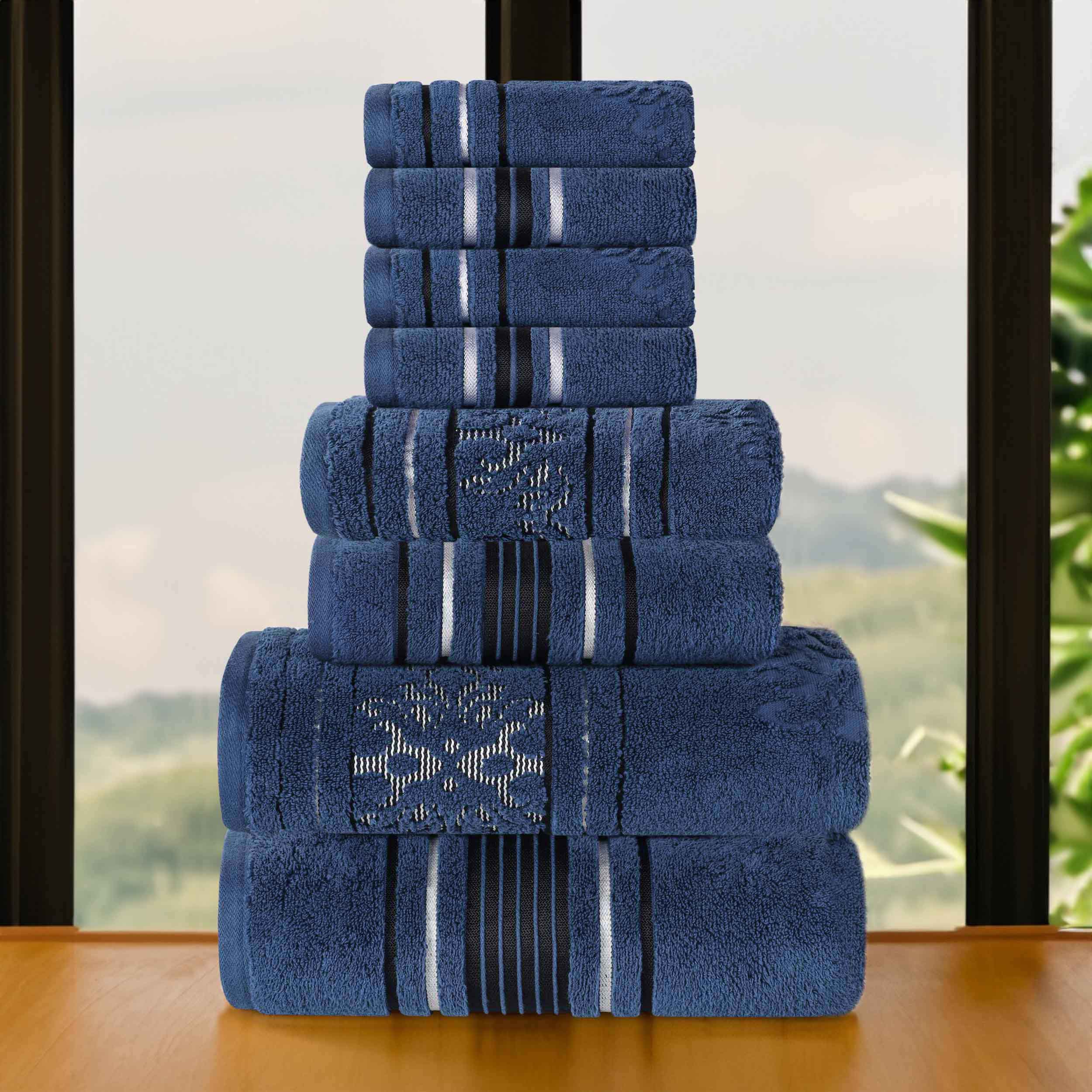 Premium 8-Piece Sadie Zero Twist Cotton Towel Set - Solid & Jacquard Floral Design | Ultra Absorbent Bath & Hand Towels for Luxury Bathroom, Spa & Guest Room Decor