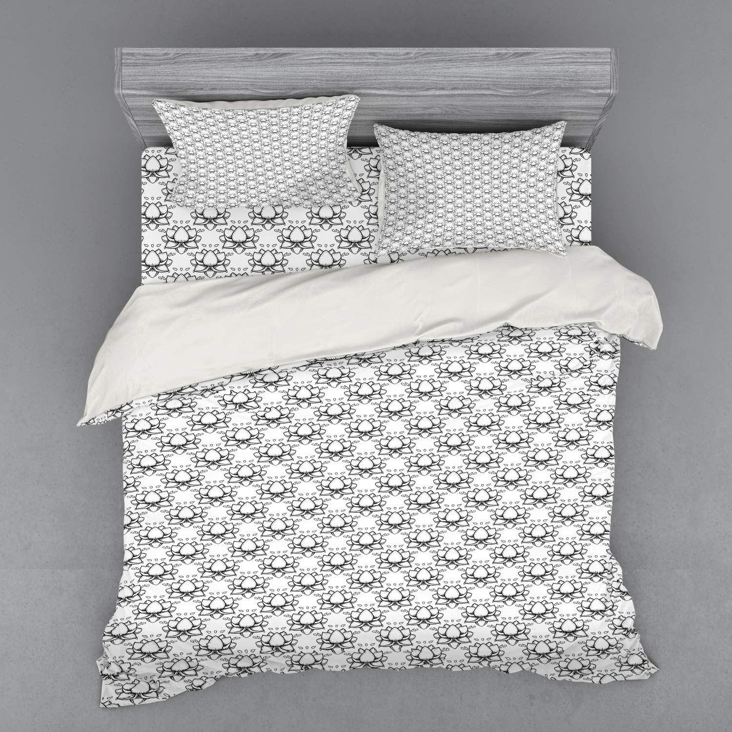 Ambesonne Floral Duvet Cover Set King Size - 4 Piece Bedding Set with Pillow Shams & Fitted Sheet - Monochrome Lotus Flowers Design in Charcoal Grey & White - Perfect for Master Bedroom, Guest Room & Spa Retreats