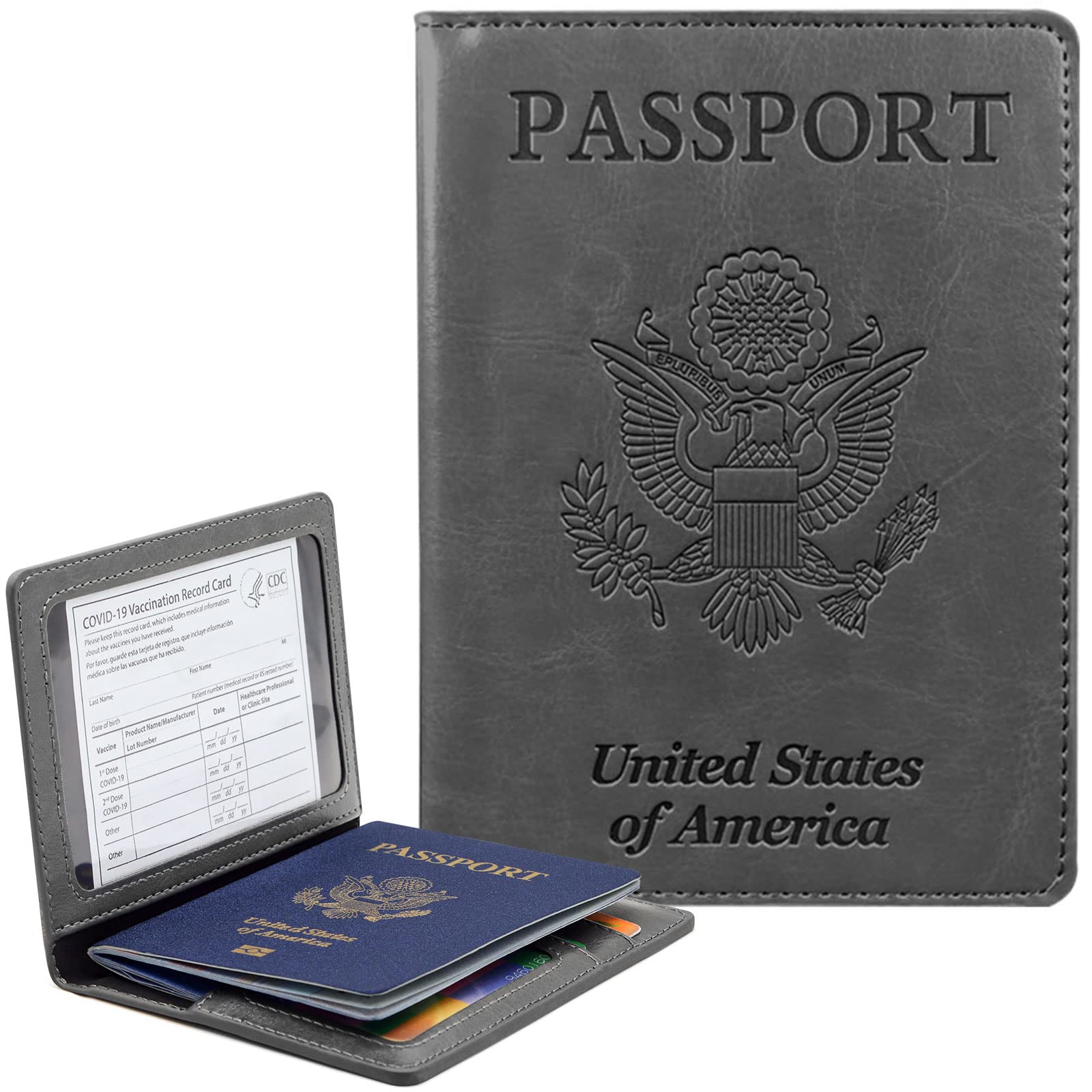 RFID Blocking Leather Passport Holder for Travel - Dark Gray
