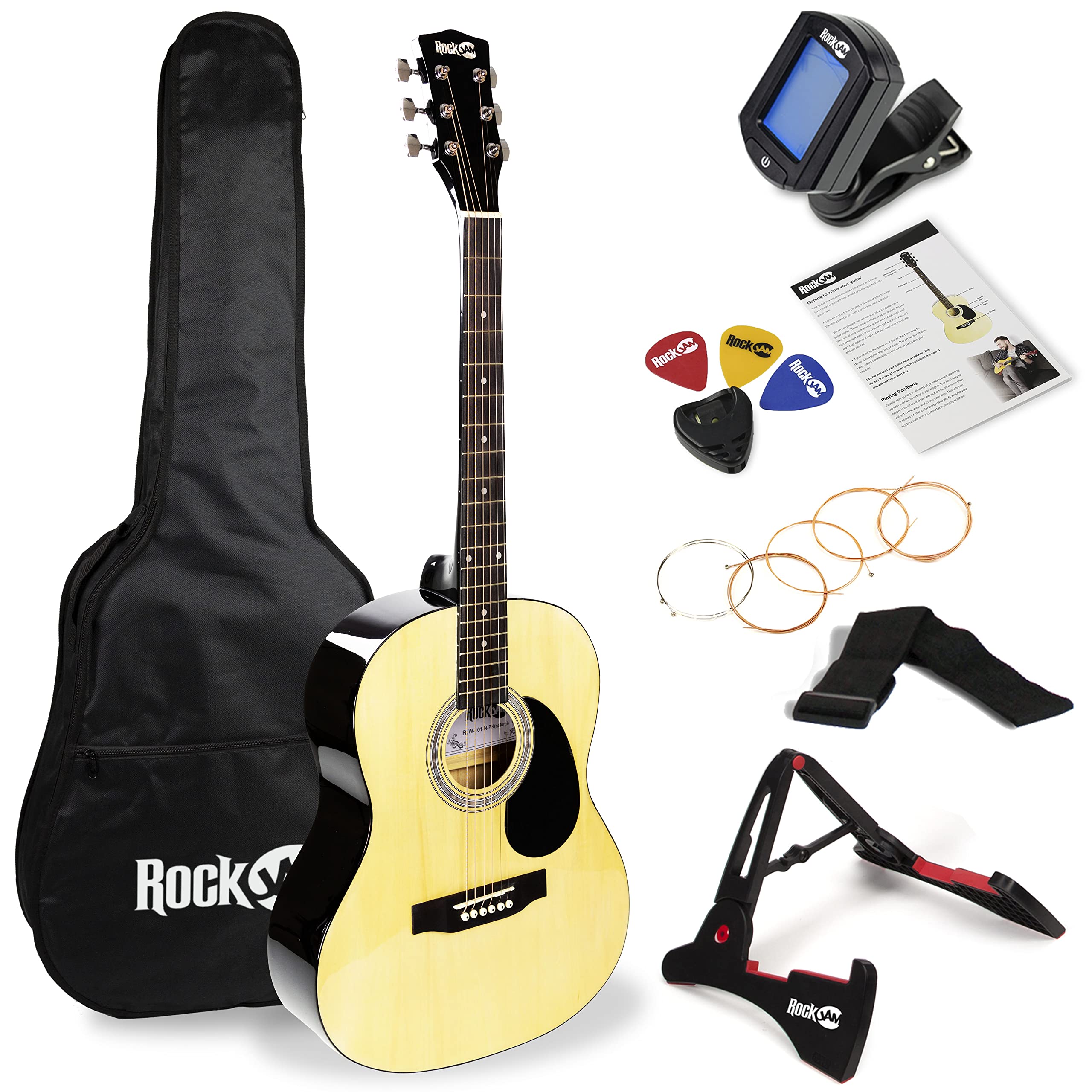 RockJam Acoustic Guitar Superkit with Stand, Gig Bag, Tuner, Picks, Strings & Online Lessons - 6-Piece Full Size Right-Handed Natural Wood Guitar Set (RJW-101-N-PK) - Perfect for Beginners, Travel & Home Practice