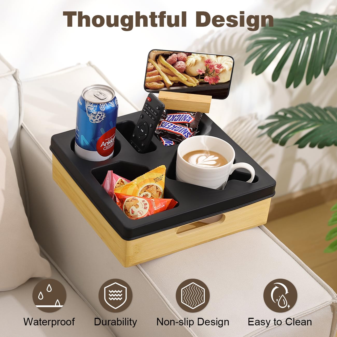 Rotatable Couch Cup Holder Tray with Phone Stand - Waterproof Sofa Caddy Organizer for Drinks, Snacks & Remote Control - Anti-Spill Bedside & Living Room Accessory (Black) | Perfect for Movie Nights, Gaming & Relaxing on Sofa or Bed
