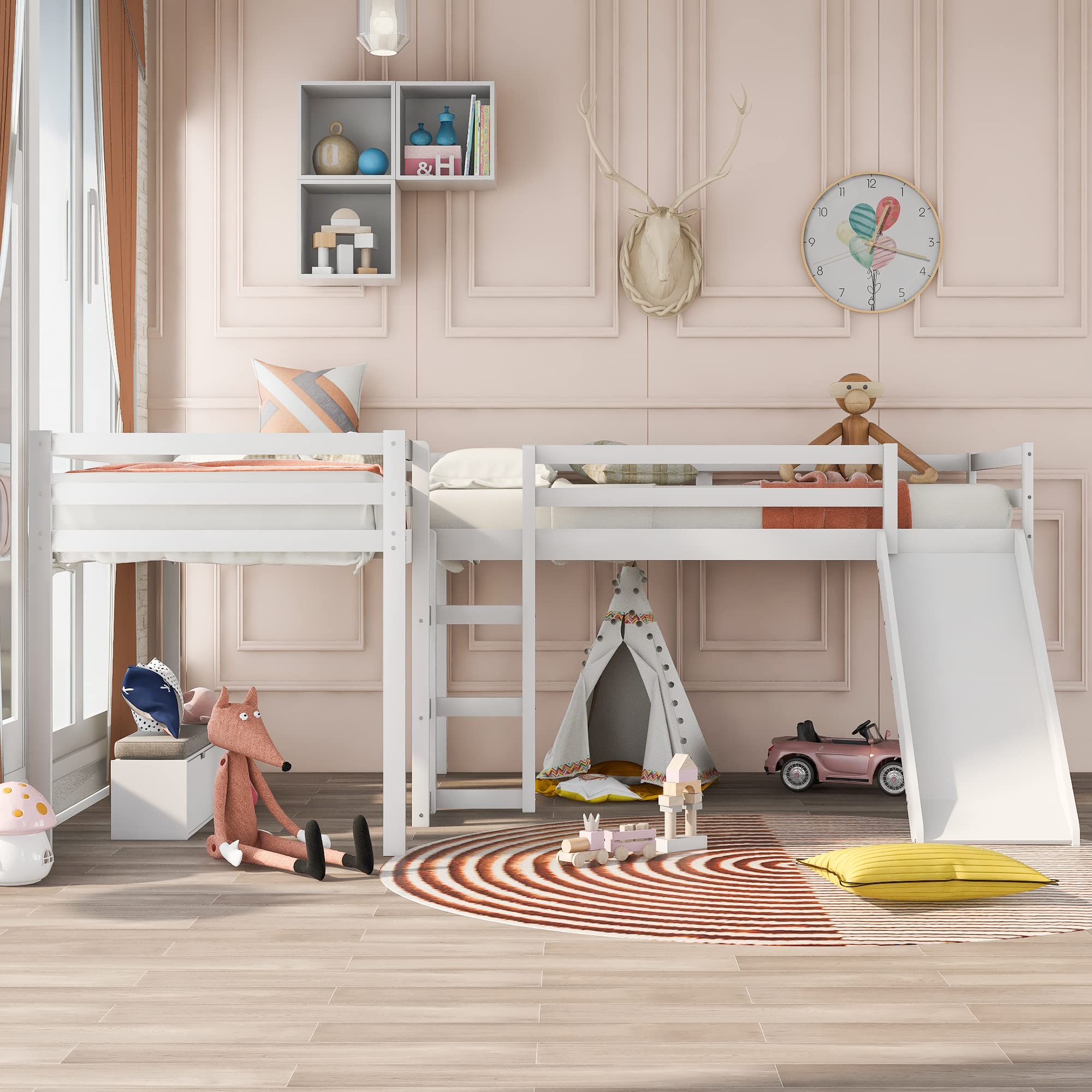 L-Shaped Twin Loft Bed with Slide - White Wooden Loft Bed Frame for Kids & Teens - No Box Spring Needed - Perfect for Small Rooms, Play Areas & Sleepovers