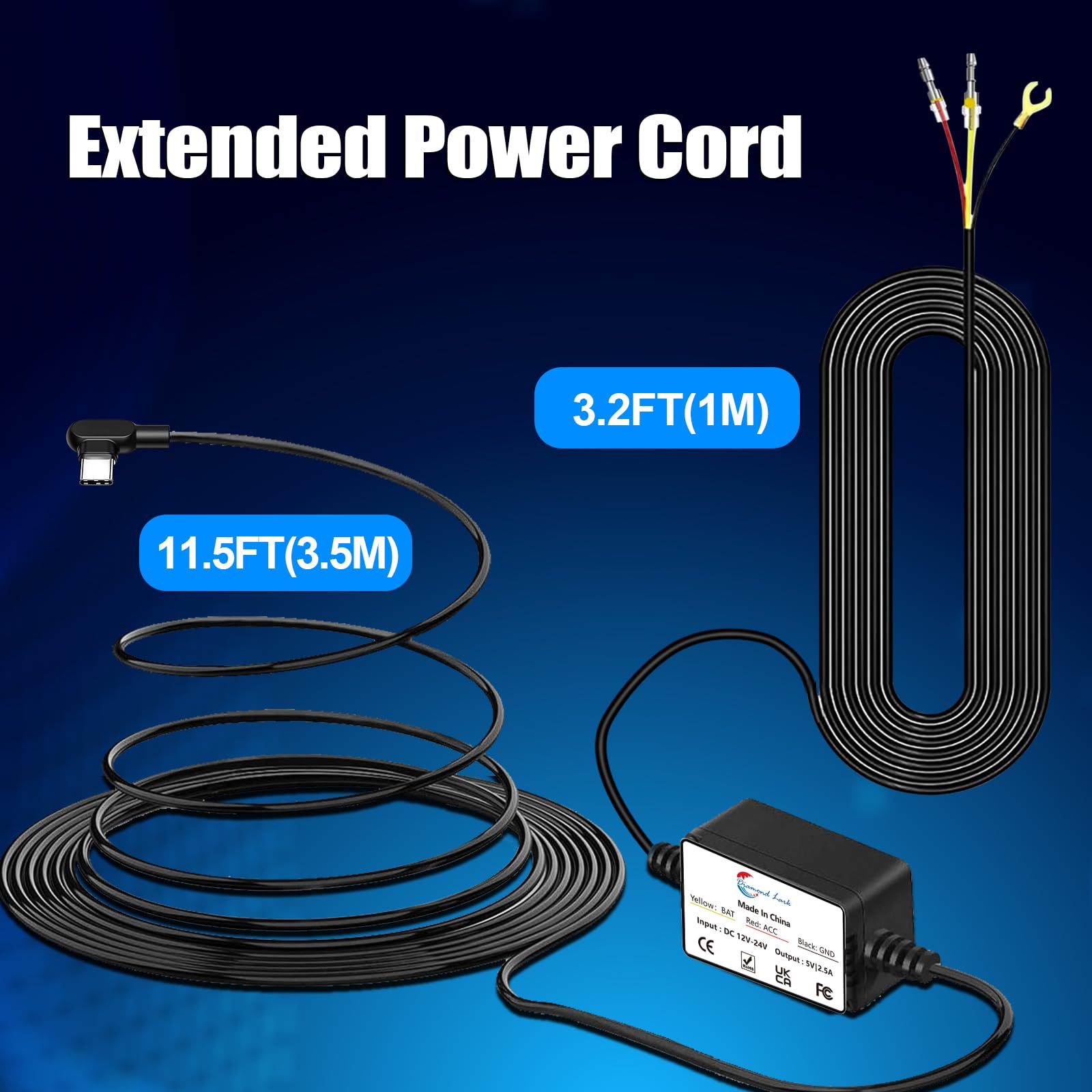 Diamond Lark Dash Cam Hardwire Kit - 12V-24V to 5V USB-C Converter for Car Dash Camera with 24-Hour Parking Mode (14.7FT Cable) | Perfect for Continuous Vehicle Surveillance & Night Security Monitoring