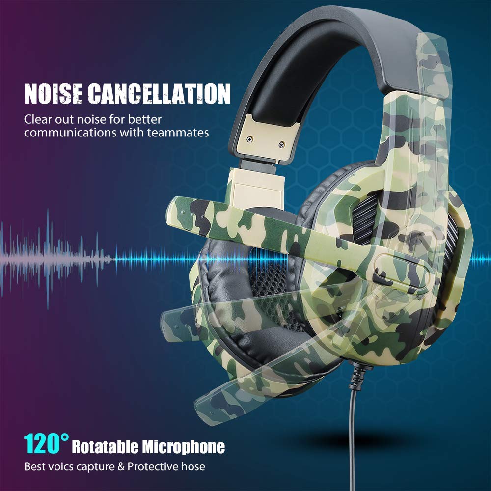Picozon Gaming Headset with Noise Cancelling Mic - 3.5mm Wired Headphones for PS5, PS4, Xbox, PC, Laptop, iPad, Smartphones - Lightweight Over-Ear Design with Crystal Clear Sound - Perfect for Gaming, Streaming & Online Classes (Camouflage Green)