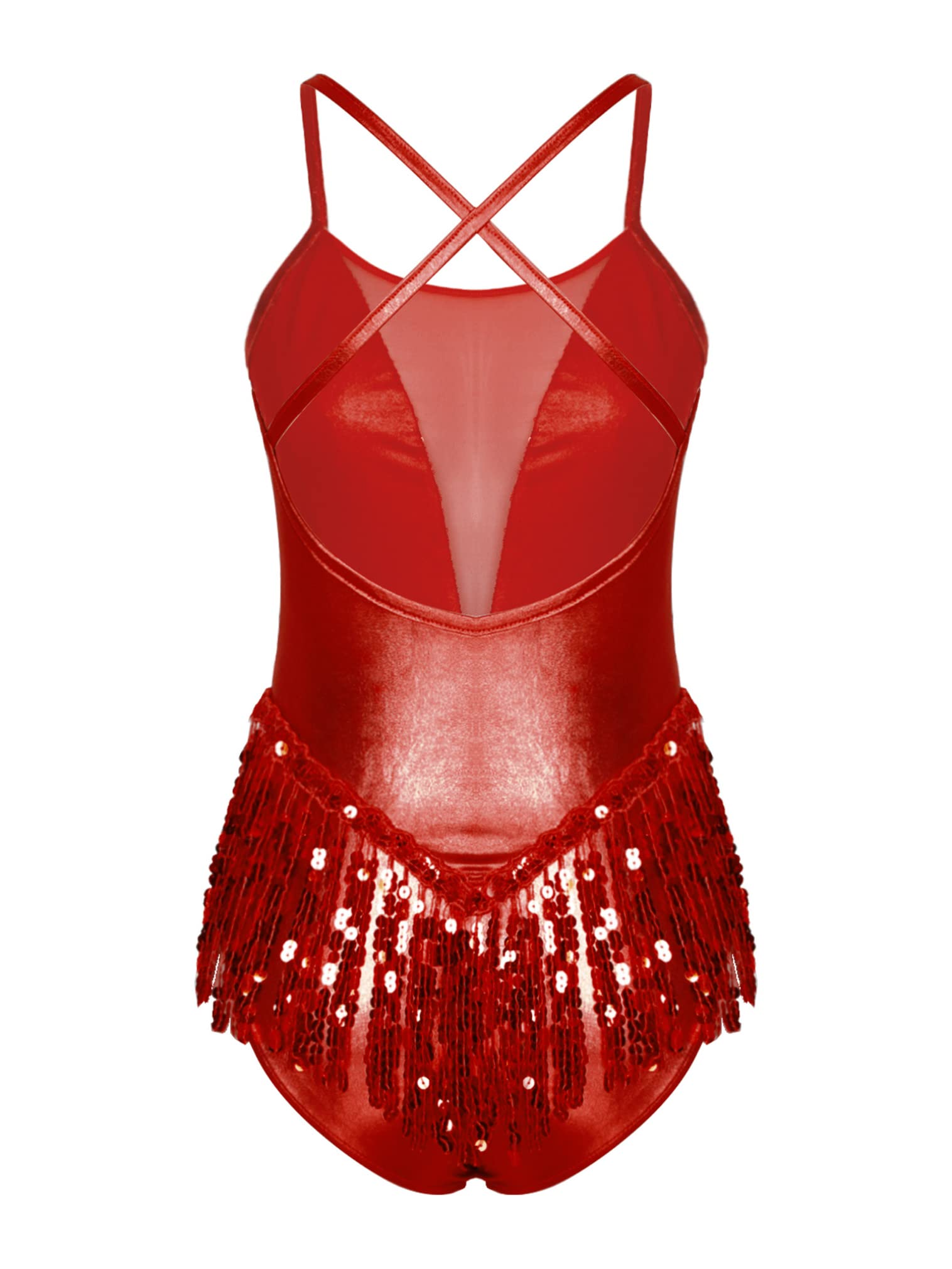 FEESHOW Women's Sequin Fringe Leotard - Shiny Tassel Latin & Jazz Dance Costume Bodysuit - Perfect for Salsa, Ballroom, and Performance Outfits