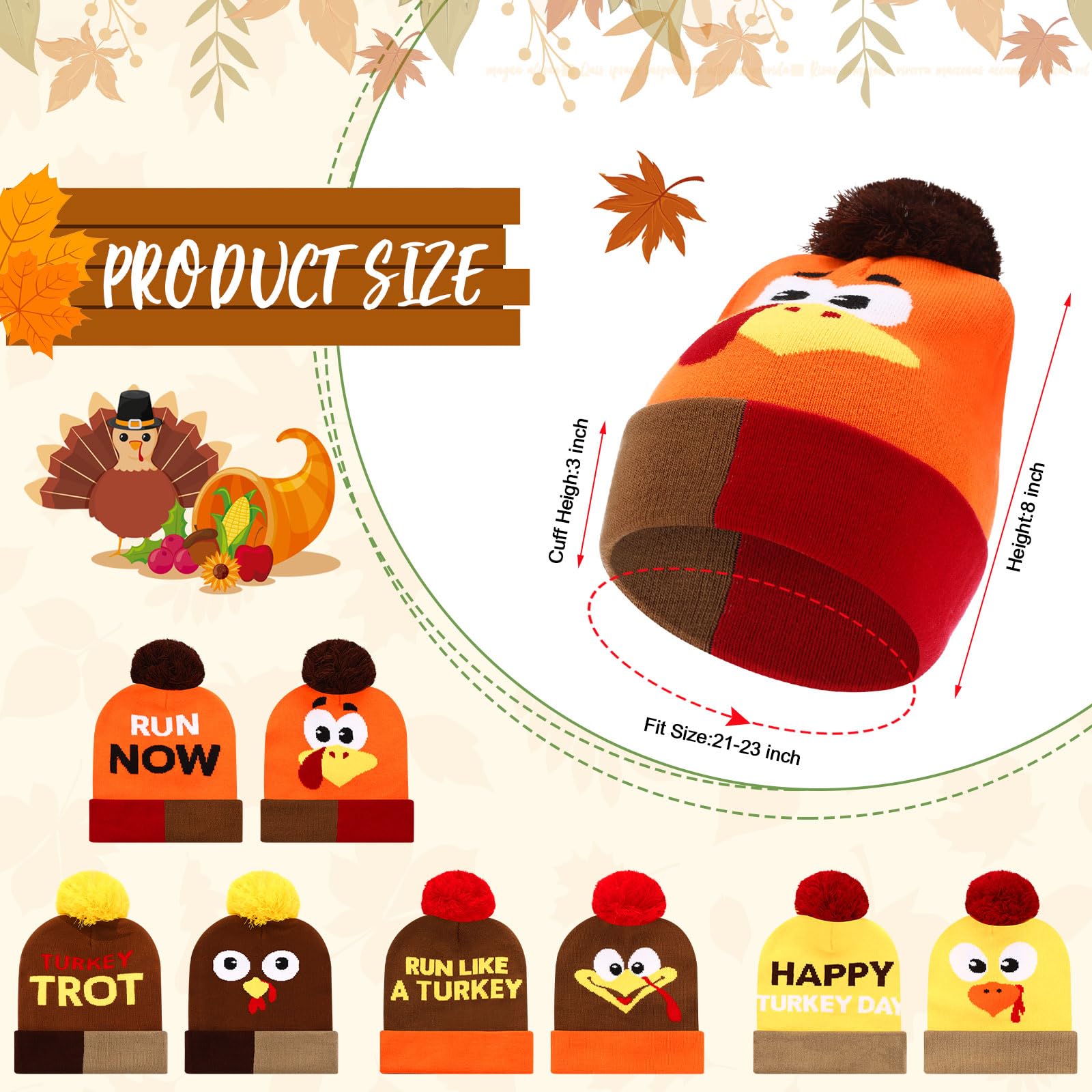 Liitrsh Thanksgiving Turkey Beanie Hat - Warm Knitted Winter Cap for Running, Costume Accessories & Holiday Outfits - Fun Cartoon Design for Turkey Trot Races, Christmas Parties & Festive Gatherings