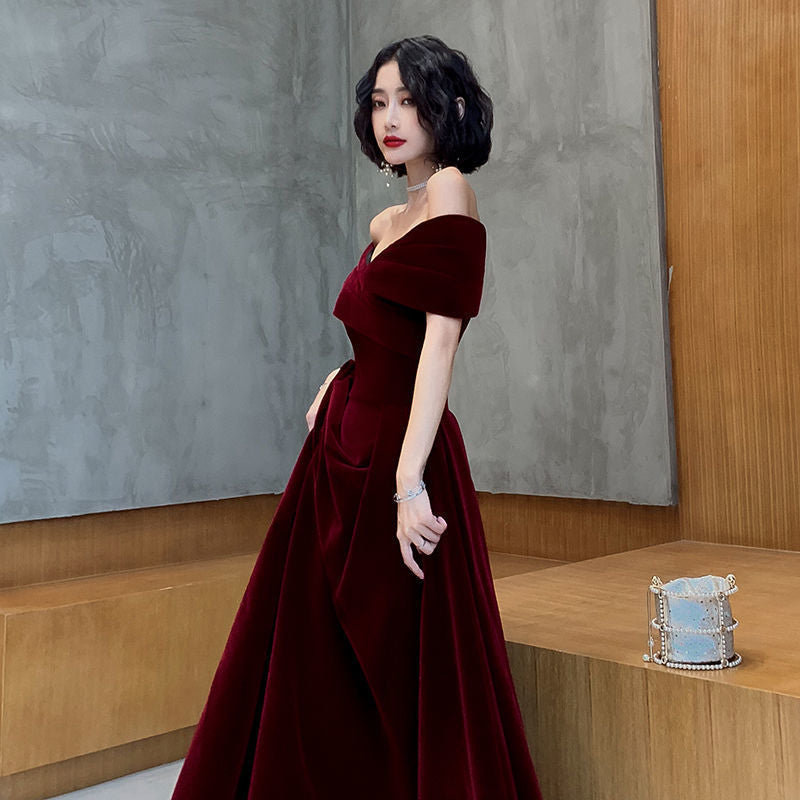 Burgundy Off Shoulder Velvet A-Line Long Prom Dress - Elegant Evening Formal Party Gown for Homecoming, Wedding, Banquet & Special Occasions