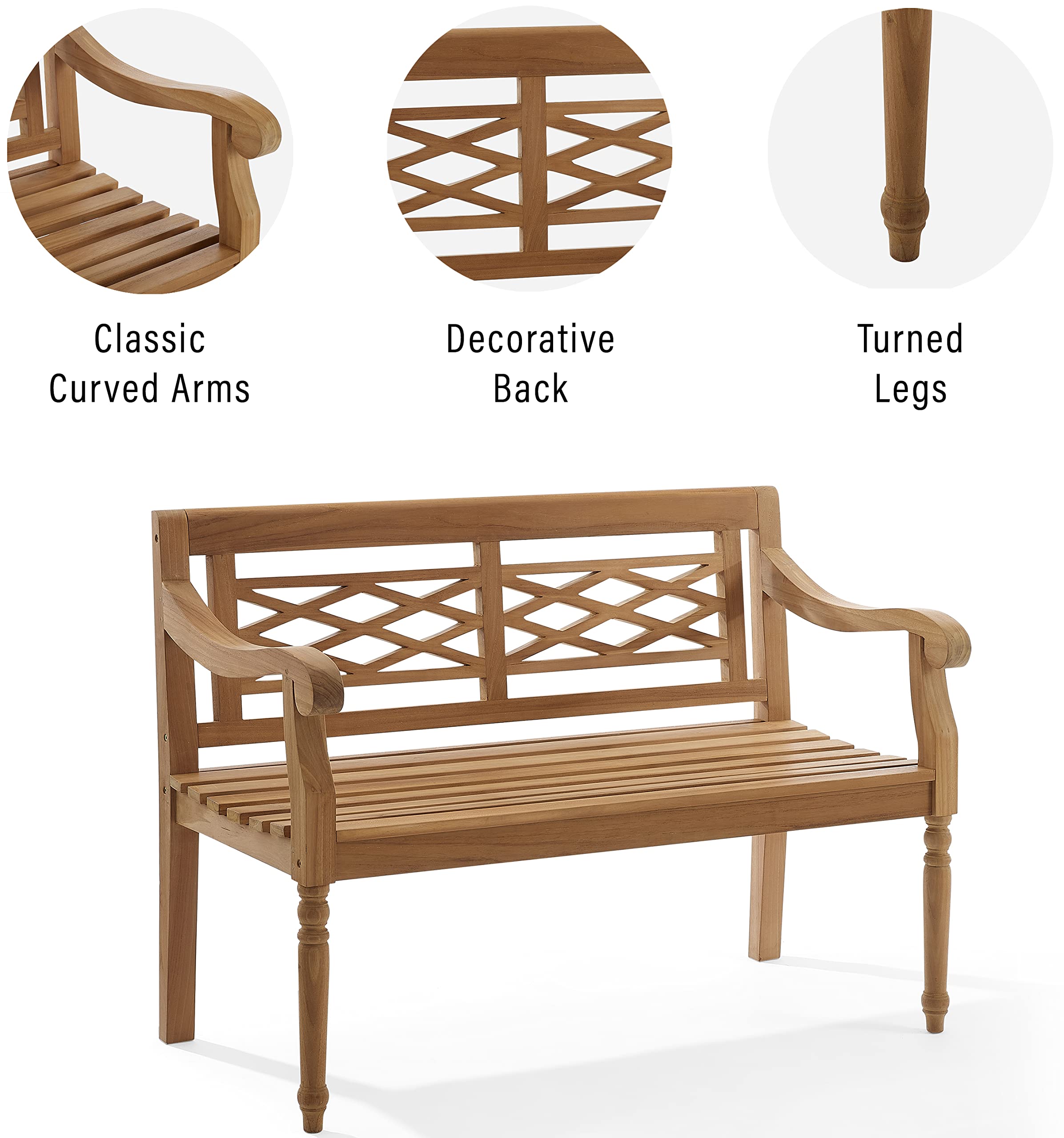 Crosley Olivier 2-Person Teak Wood Indoor Outdoor Bench - Patio, Garden, Porch Furniture - Weather-Resistant Teak Wood Bench for Outdoor Seating & Relaxation