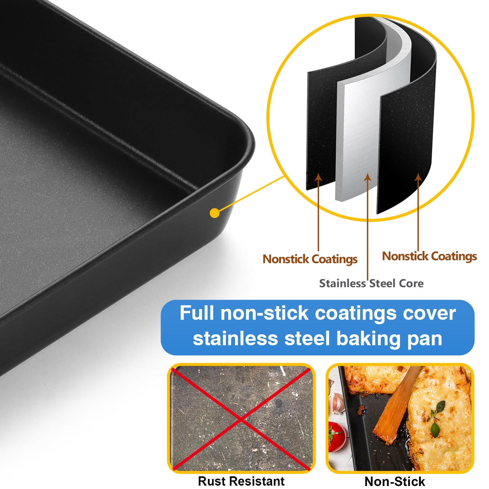 P&P CHEF Nonstick Small Lasagna Pan - 10.4 Inch Stainless Steel Deep Baking Tray for Toaster Oven | Heavy Duty Rectangular Bakeware for Lasagna, Brownies, Meats & Casseroles | Easy Clean & Oven Safe | Perfect for Home Cooking, Meal Prep & Holiday Baking