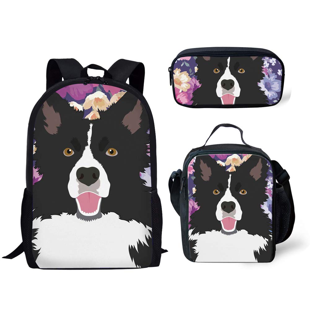 ELEQIN Cute Border Collie Backpack Set for Teens - 3-in-1 School Bag with Laptop Compartment, Lunch Bag & Pencil Case - Durable Bookbag for Boys Girls College High School Students - Perfect for School, Travel & Outdoor Activities