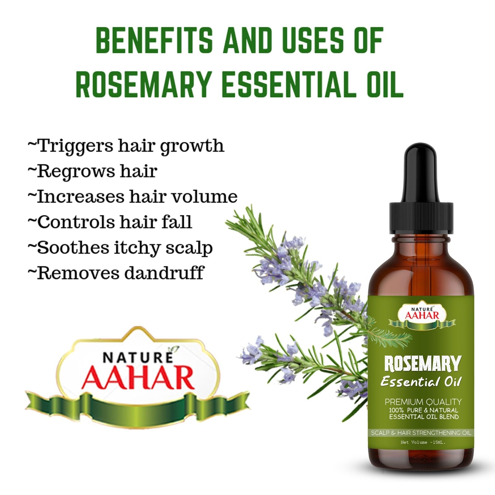 Organic Rosemary Essential Oil for Hair Growth & Skin Care - 100% Pure Natural Hair Fall Control & Nourishment (15ml) | Promotes Healthy Scalp & Shiny Hair | Perfect for DIY Beauty Recipes & Aromatherapy