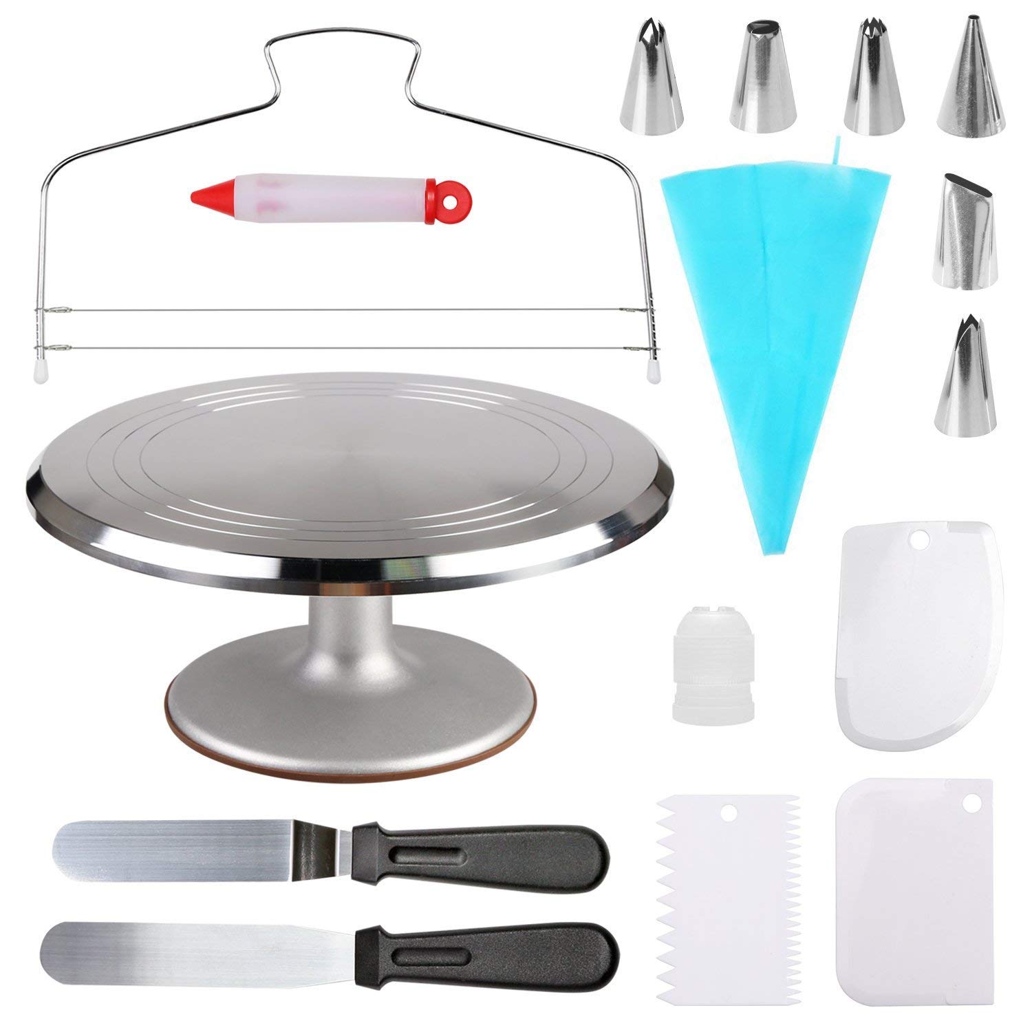 12.7'' Aluminum Alloy Revolving Cake Turntable with Angled Icing Spatula, Cake Leveler, Comb & Smoother - Professional Baking Tools for Cake Decorating, Wedding Cakes, Birthday Cakes & Dessert Making (ZC011)