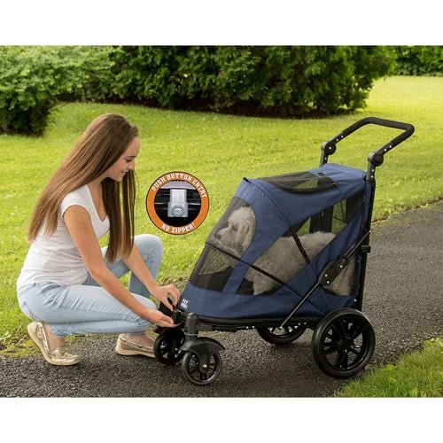 Premium Excursion No-Zip Pet Stroller - Midnight Blue | Lightweight Foldable Dog & Cat Carrier for Outdoor Walks, Travel & Vet Visits