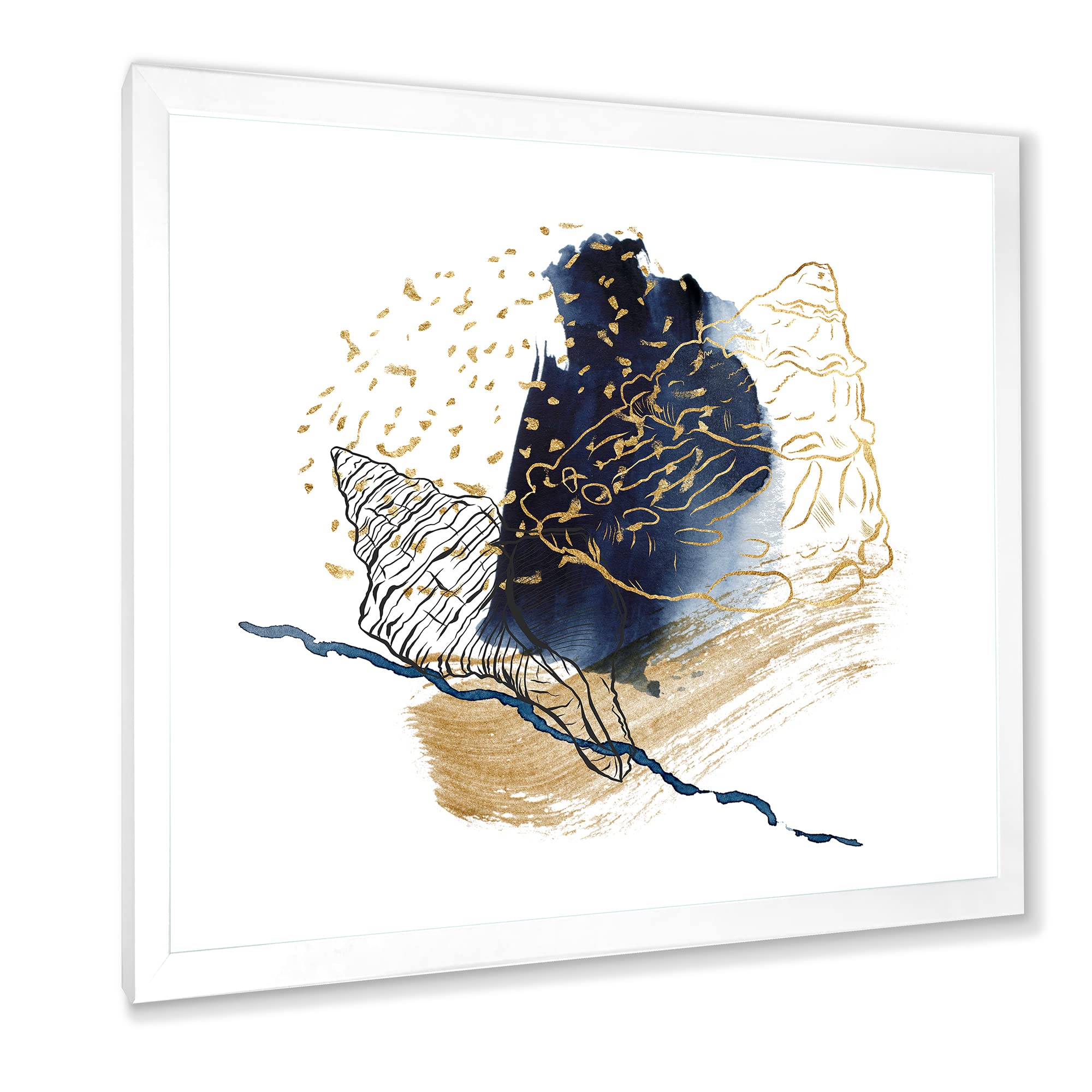DesignQ Gold Shell Line Art with Underwater Marine Life - Farmhouse Coastal Decor Framed Wall Art for Living Room, Bedroom & Beach House