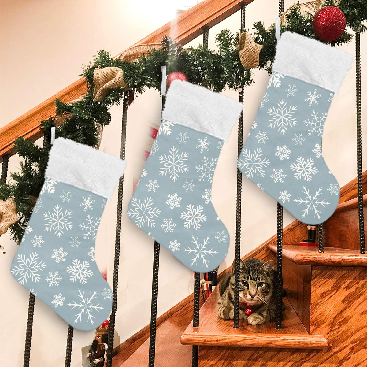 Vikko Seamless Snowflakes Blue Christmas Stocking - 17.7 Inch Classic Velvet Plush Santa Stocking Hanging Decorations for Fireplace, Bed, Stairs, Xmas Tree - Perfect for Holiday Parties & Festive Home Decor - Set of 2