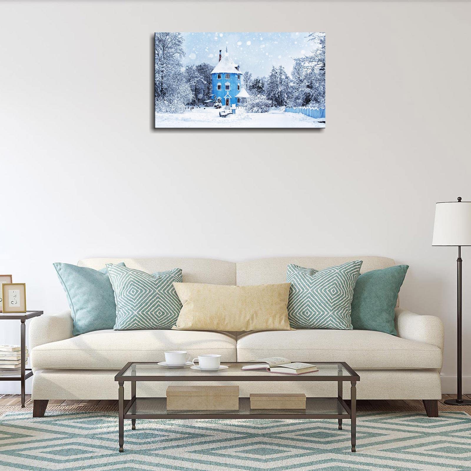 Winter Landscape Canvas Wall Art - Framed Castle Poster Print 20x12 Inches - Perfect for Bathroom, Bedroom & Living Room Decor