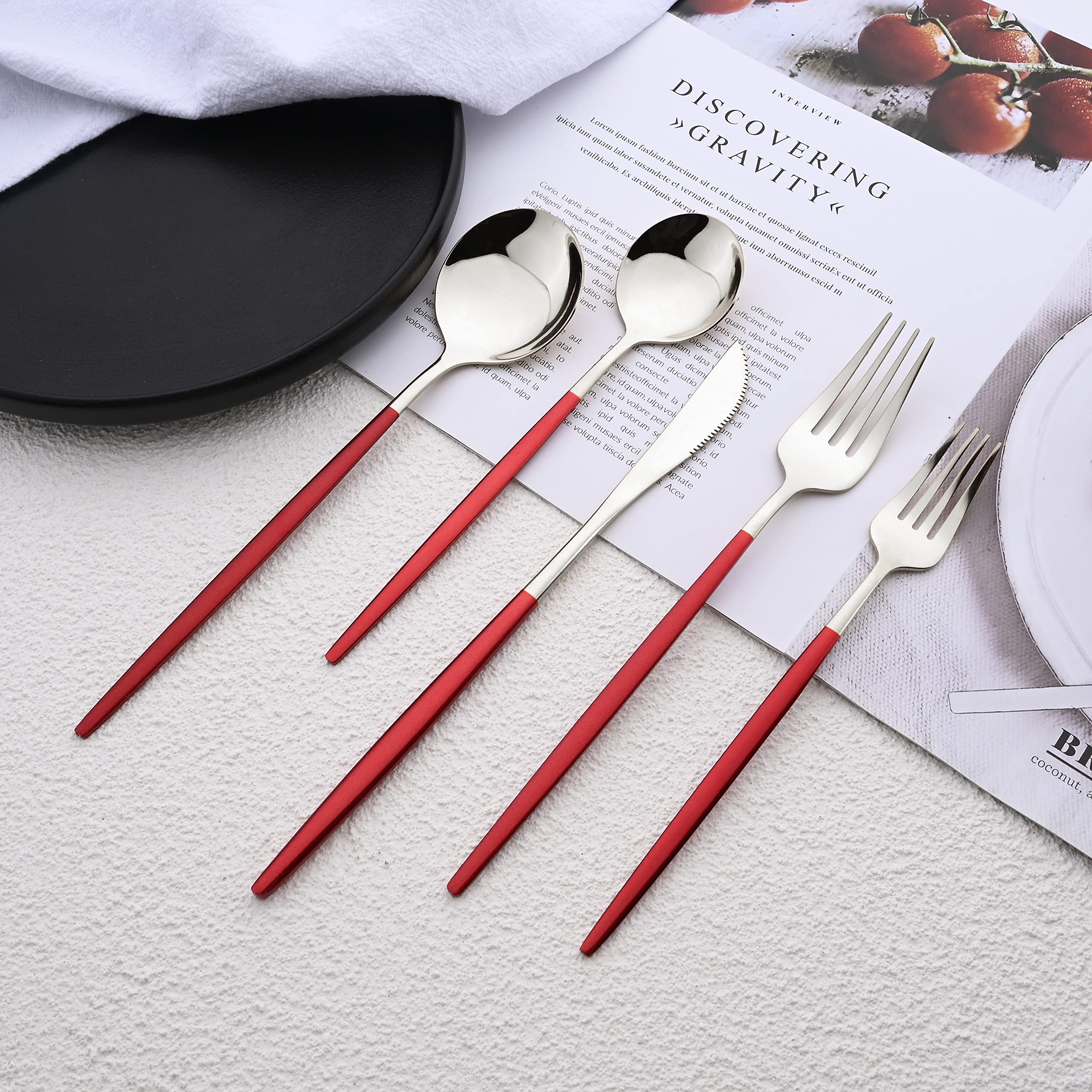 20-Piece Silverware Set for 4 - Stainless Steel Flatware Set with Spoons, Knives & Forks - Elegant Red Dinnerware for Family Gatherings, Restaurants & Daily Dining Use