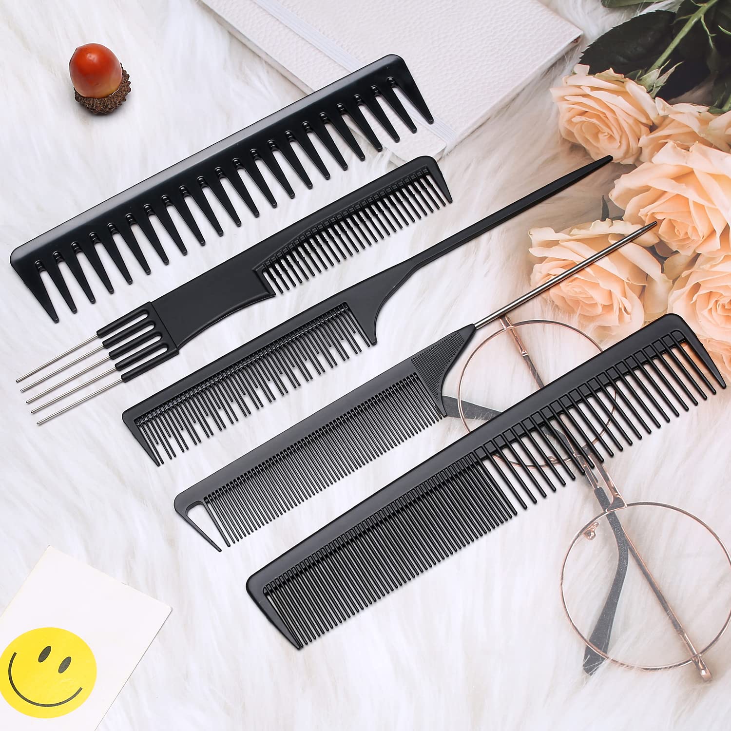Limko Carbon Fiber Hair Combs Set - Anti Static Styling & Grooming Comb - Heat Resistant Hairdressing Comb for Men & Women (5 Pack, Black) - Perfect for Salon, Home & Travel Use