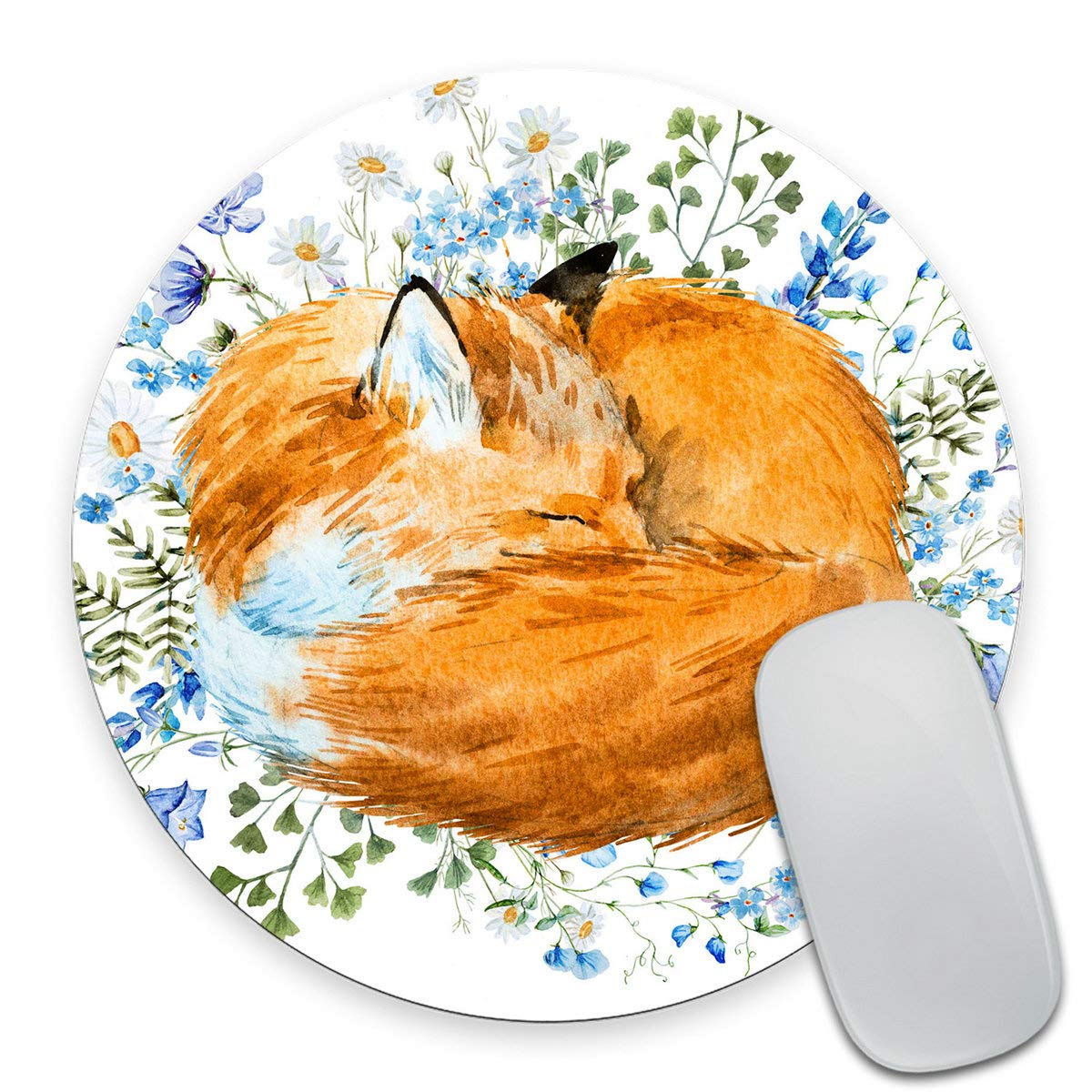 Smooffly Fox Floral Blue Flowers Round Mouse Pad - Cute Animal Design Desk Accessory for Office & Gaming Setup | Non-Slip Computer Mouse Mat for Work, Home & School Use
