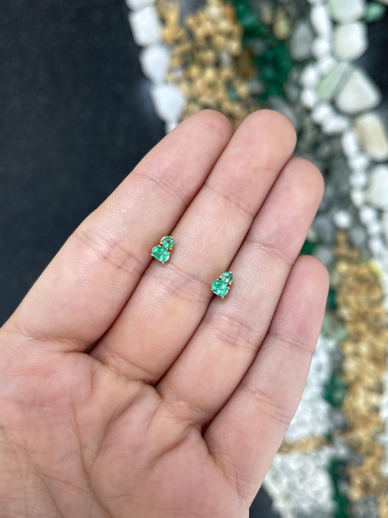 0.45tcw 14K Gold Natural Petite Green Oval & Round Cut Emerald Stud Earrings for Women | Elegant Jewelry Gift for Birthday, Anniversary & Special Occasions