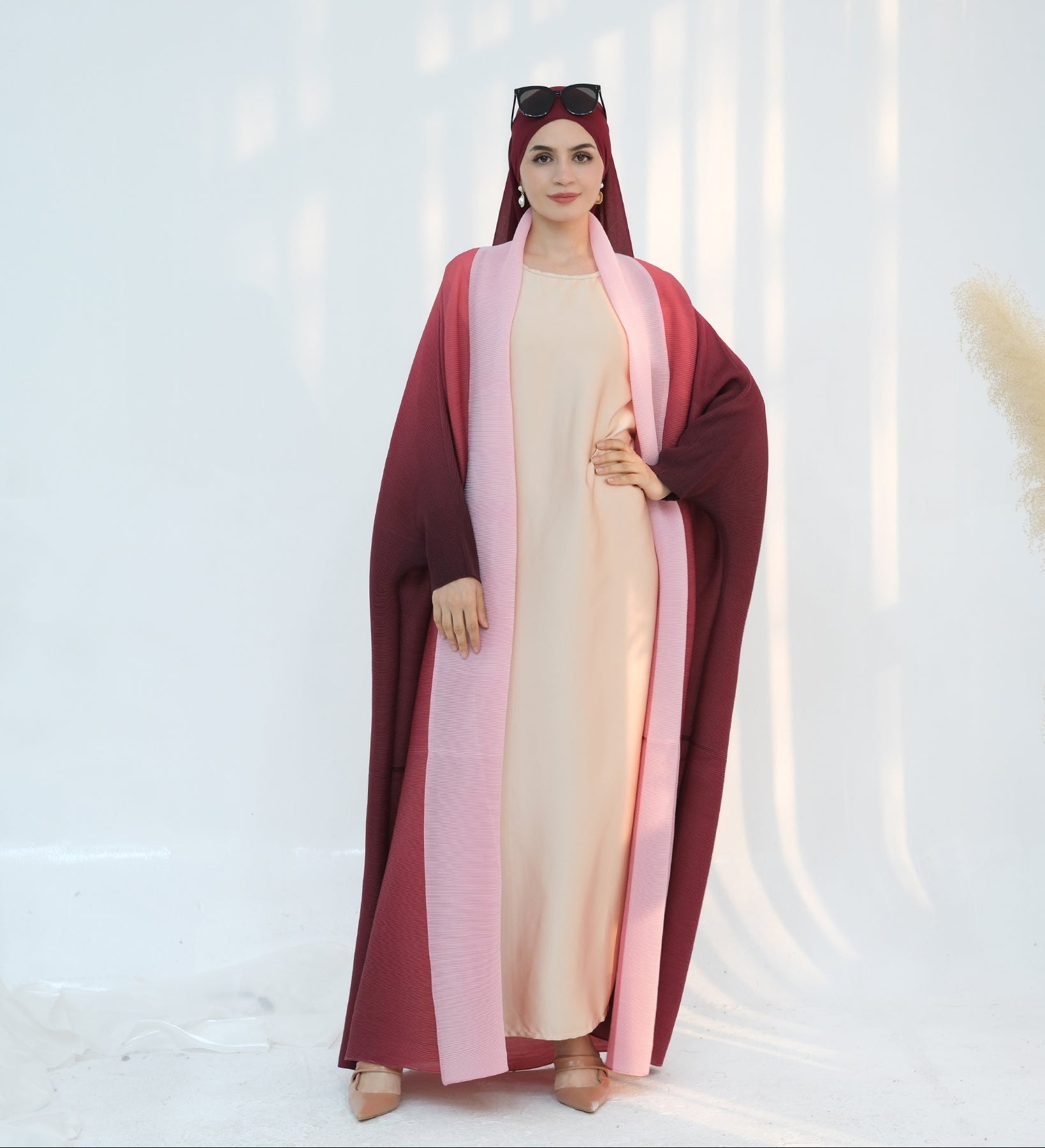 Elegant Kenyat Pleated Ombre Kimono Open Abaya - Pink Flowy Cover-Up for Women | Perfect for Beach, Boho Fashion & Special Occasions