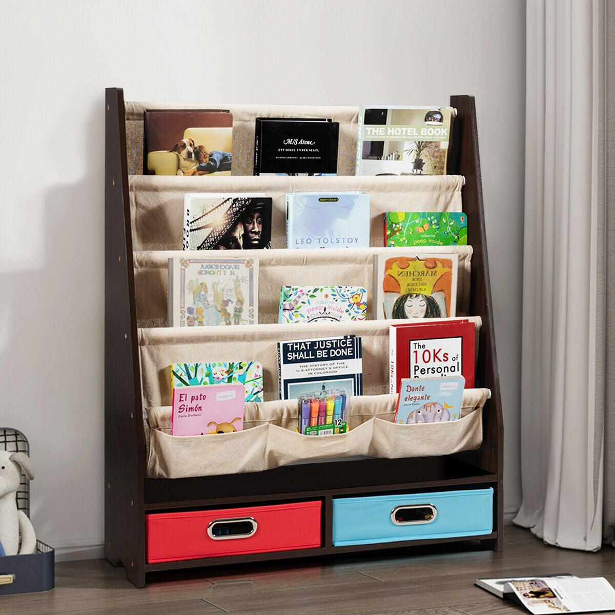Kids Book and Toy Organizer Shelf - Brown Wooden Storage Unit for Bedroom, Playroom & Nursery Organization
