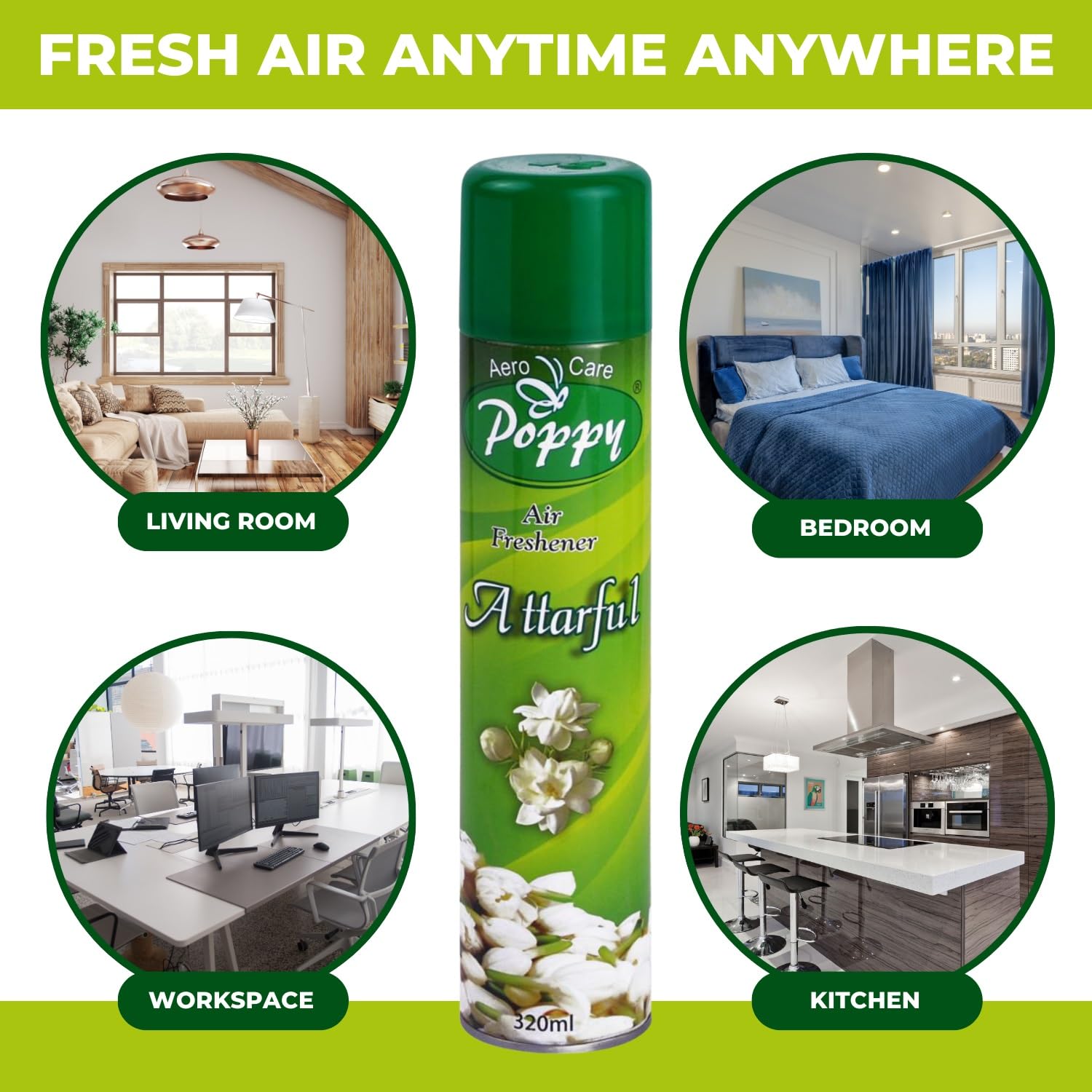 Aero Care Poppy Attarful Air Freshener - 320ml | Long-Lasting Room & Car Fragrance Spray | Fresh Floral Scent for Home, Office & Bathroom | Eliminates Odors Instantly