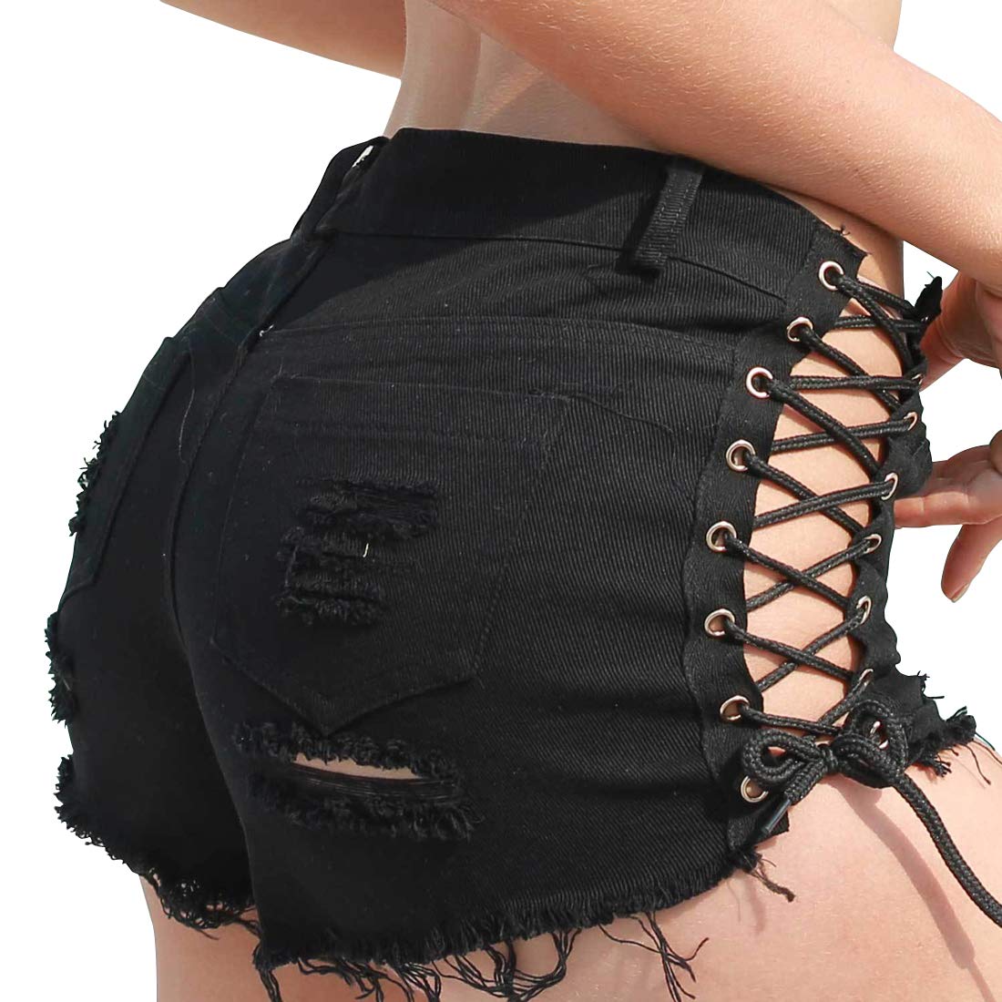 Ebossy Women's Mid Rise Lace-Up Ripped Denim Shorts - Distressed Frayed Hem Cutoff Jeans for Summer Casual Outfits, Beach & Music Festivals