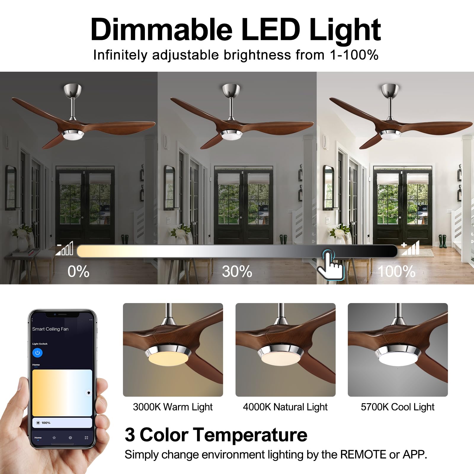 Reiga 52 Inch Smart Ceiling Fan with Light - ETL Certified, High CFM, Ultra Quiet DC Motor, Remote Control - Modern 3-Blade Design for Living Room, Bedroom, Farmhouse - Perfect for Home Cooling and Stylish Interior Decor