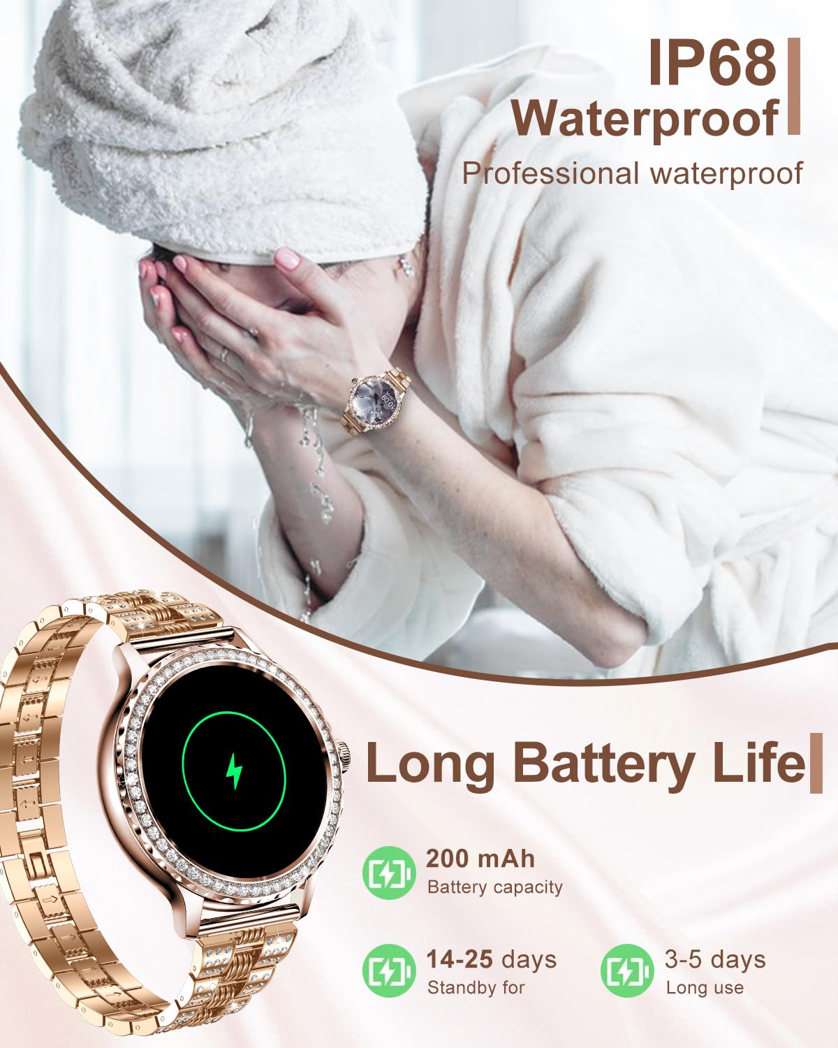 Elegant Smart Watches for Women with Diamonds - 1.3” HD Touchscreen, Bluetooth Call Function, IP68 Waterproof Fitness Tracker Compatible with Android & iOS - Perfect for Workouts, Swimming & Everyday Fashion