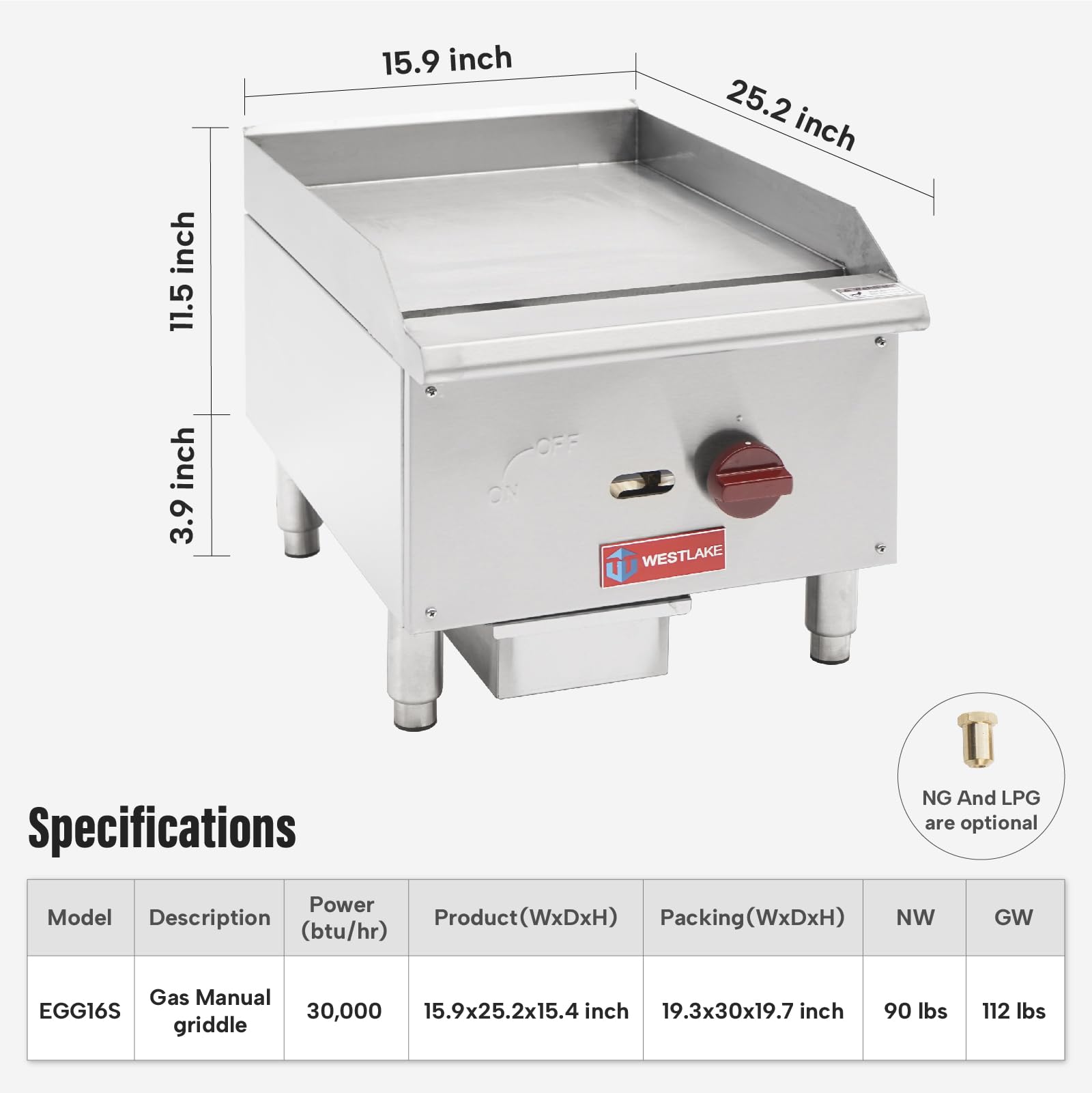 WESTLAKE 16-Inch Commercial Gas Griddle - 30,000 BTU Single Burner Stainless Steel Countertop Grill for Restaurants, Diners & Food Trucks - Perfect for Pancakes, Burgers & Breakfast Cooking