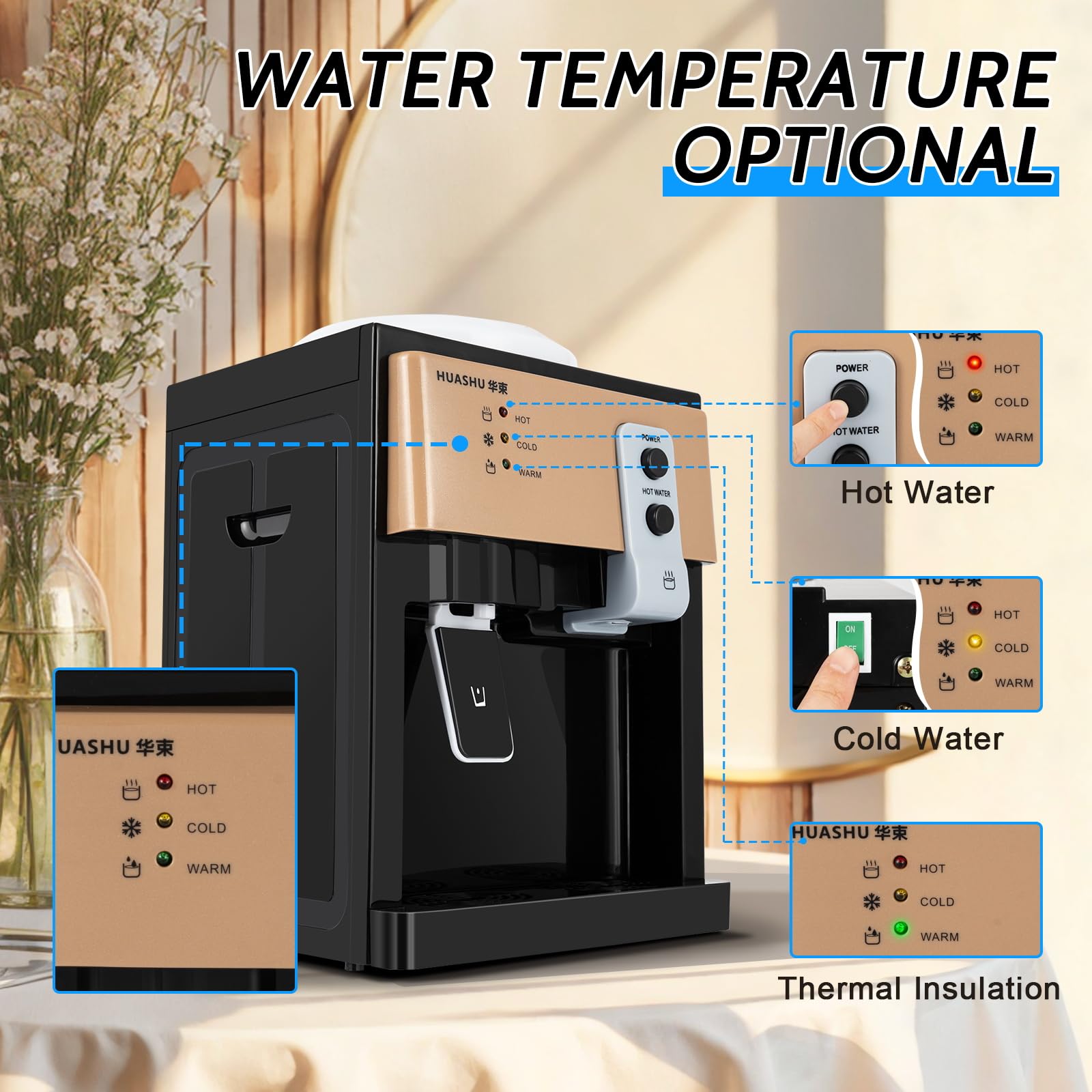 Top Loading Countertop Water Cooler Dispenser - Hot, Cold & Warm Water Options - 110V Primo Water Dispenser Holds 5 Gallon Bottles - Perfect for Home, Office & Dormitory Use (Black/Brown) - Ideal for Kitchen, Break Room & Small Spaces